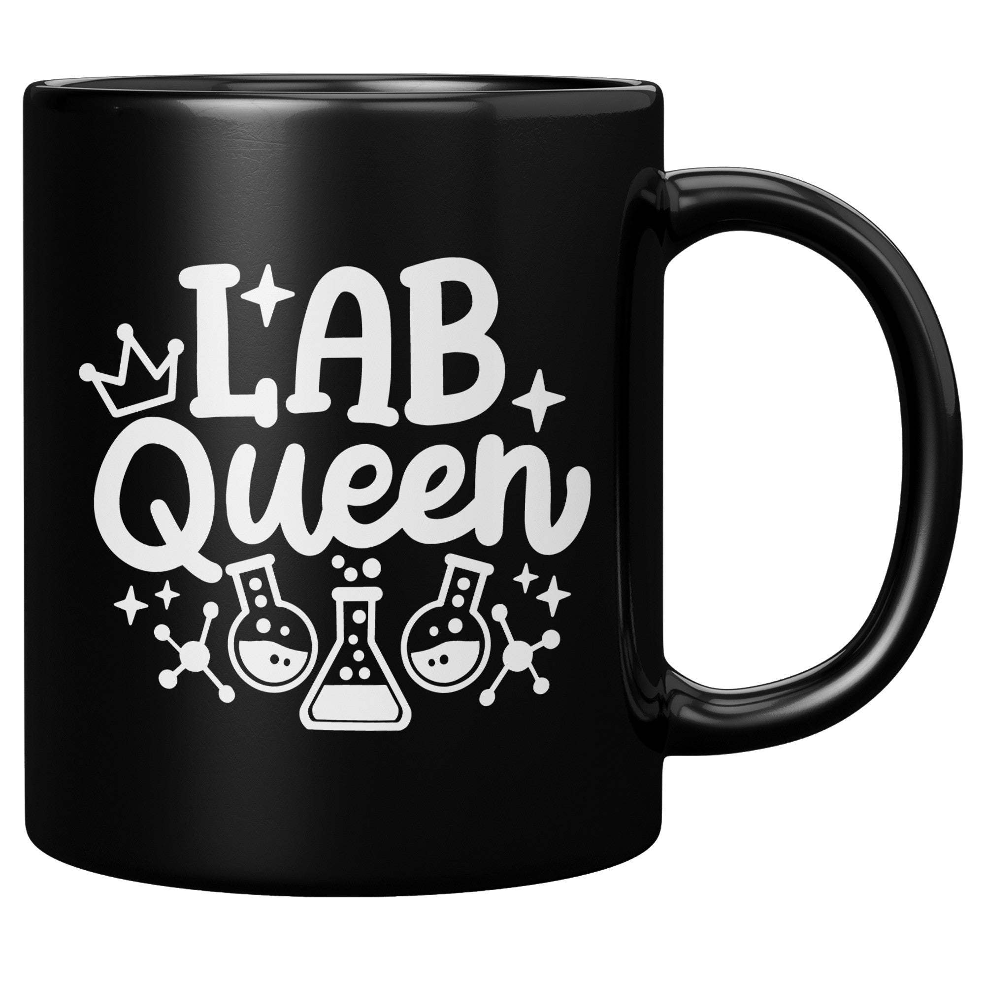 11 oz Black Coffee Mug with 'Lab Queen' Design Featuring Lab Vials - Ideal Gift for Laboratory Enthusiasts