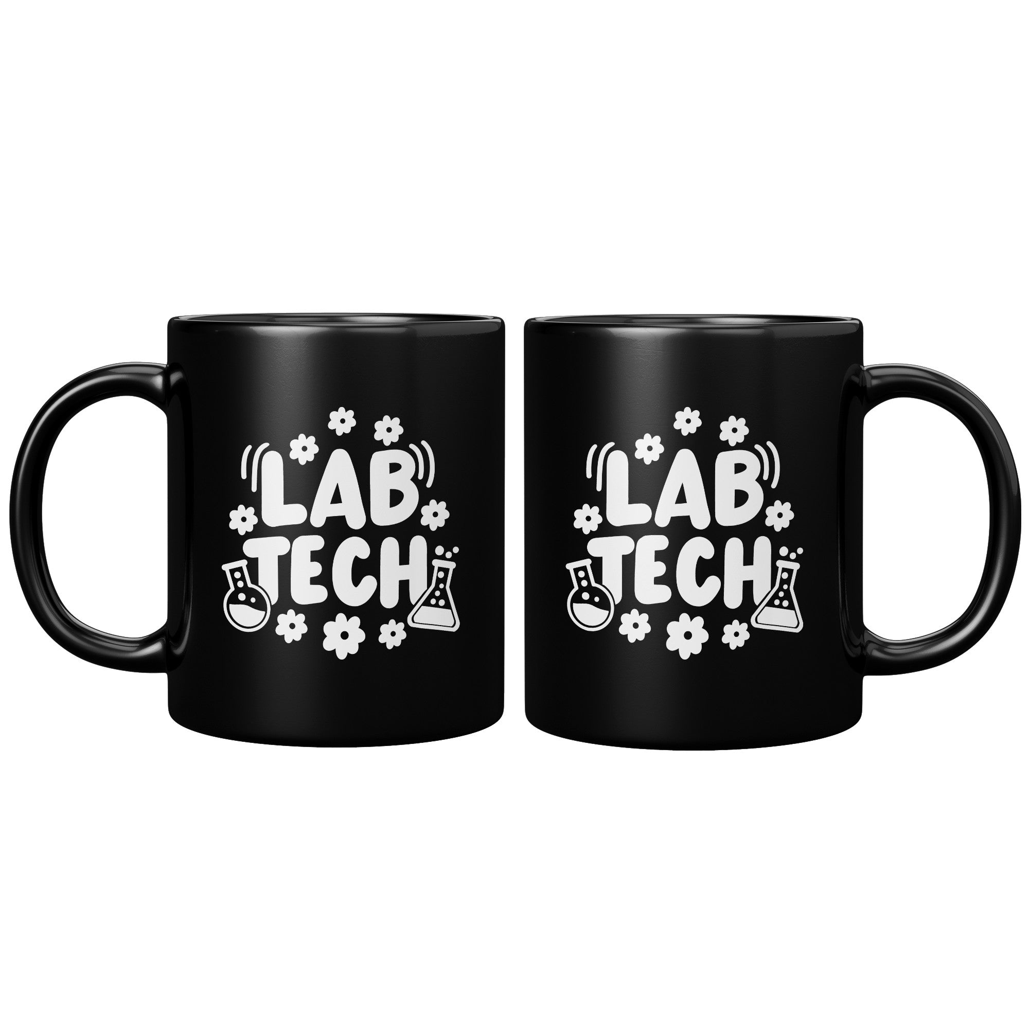 11 oz Black Coffee Mug with 'Lab Tech' Design Featuring Daisies and Lab Vials - Ideal Gift for Laboratory Professionals