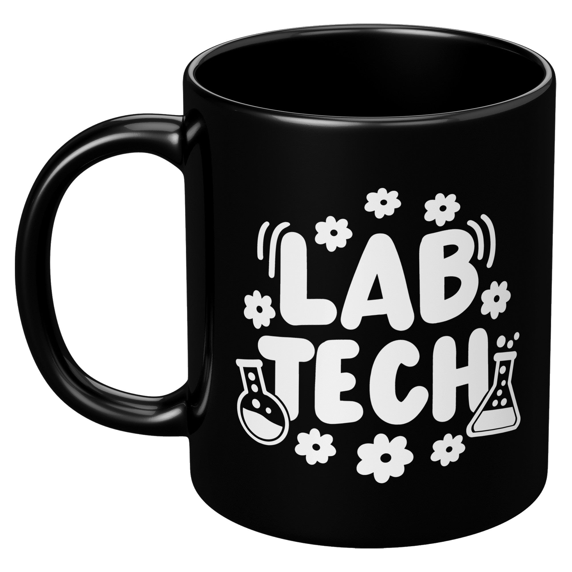 11 oz Black Coffee Mug with 'Lab Tech' Design Featuring Daisies and Lab Vials - Ideal Gift for Laboratory Professionals
