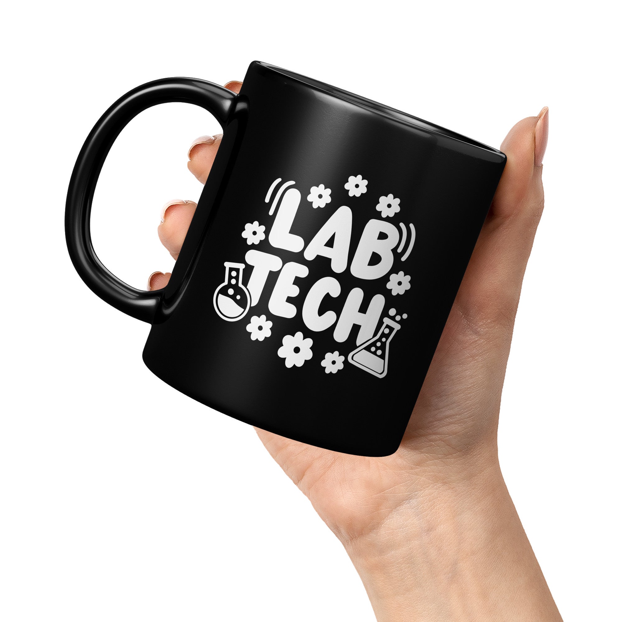 11 oz Black Coffee Mug with 'Lab Tech' Design Featuring Daisies and Lab Vials - Ideal Gift for Laboratory Professionals