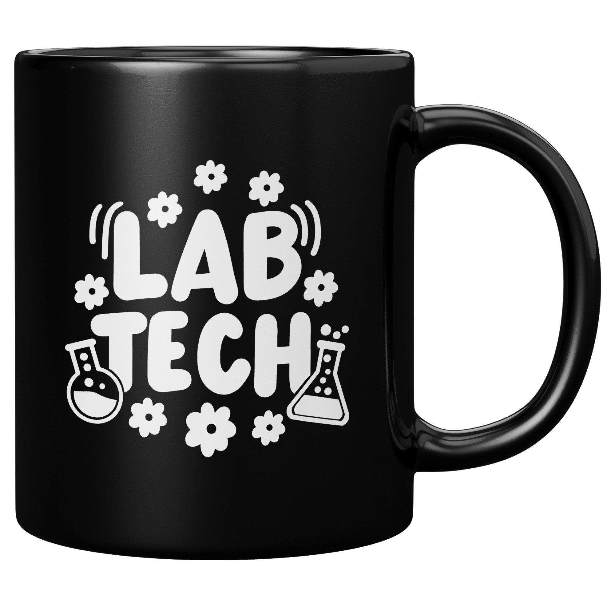 11 oz Black Coffee Mug with 'Lab Tech' Design Featuring Daisies and Lab Vials - Ideal Gift for Laboratory Professionals
