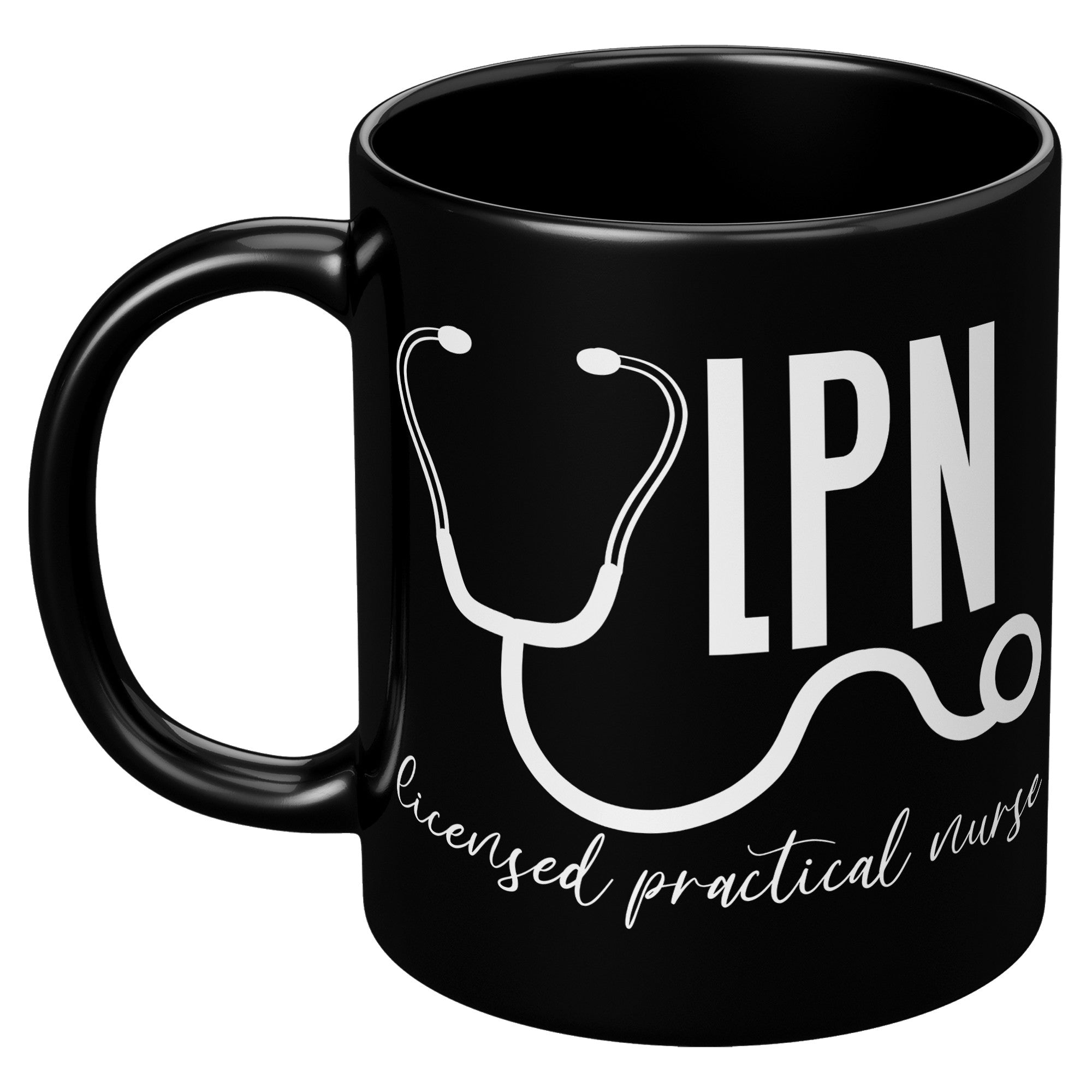 11 oz Black Coffee Mug with 'Licensed Practical Nurse' and Stethoscope Design - Perfect LPN Gift