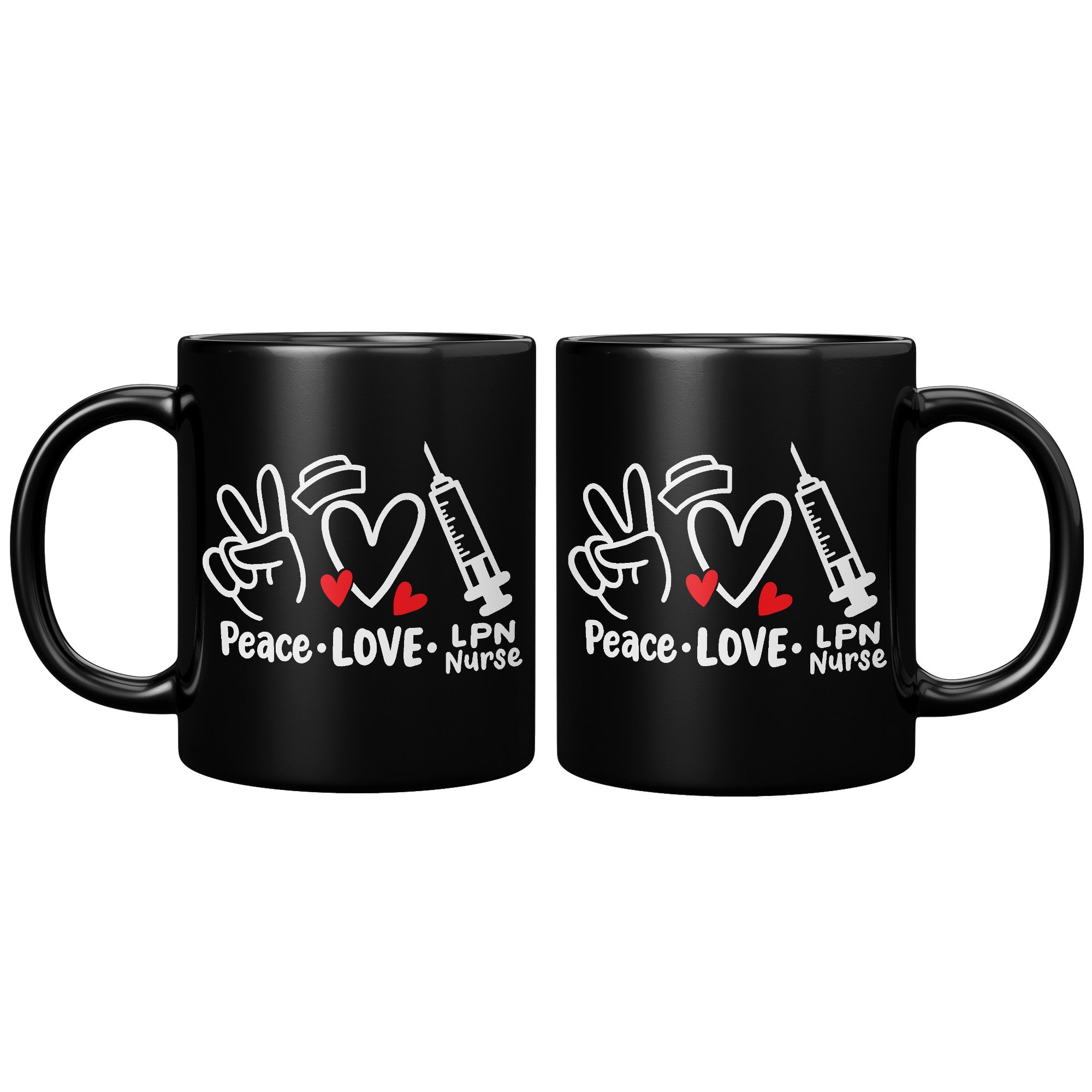 11 oz Black Coffee Mug with 'Peace Love LPN Nurse' Design - Featuring Peace Sign, Heart, and Needle - Perfect LPN Gift