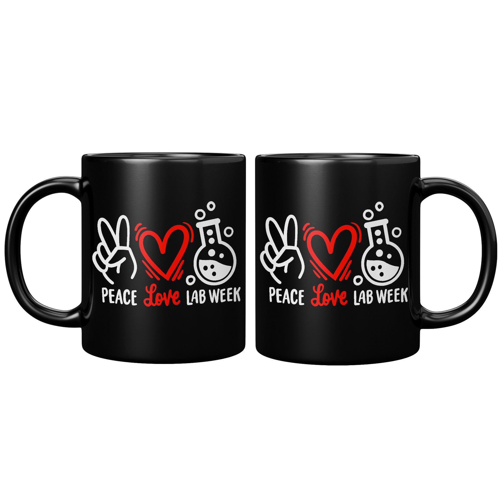 11 oz Black Coffee Mug with 'Peace Love Lab Week' Design - Featuring Peace Sign, Heart, and Lab Vial - Ideal Gift for Lab Week Celebrations