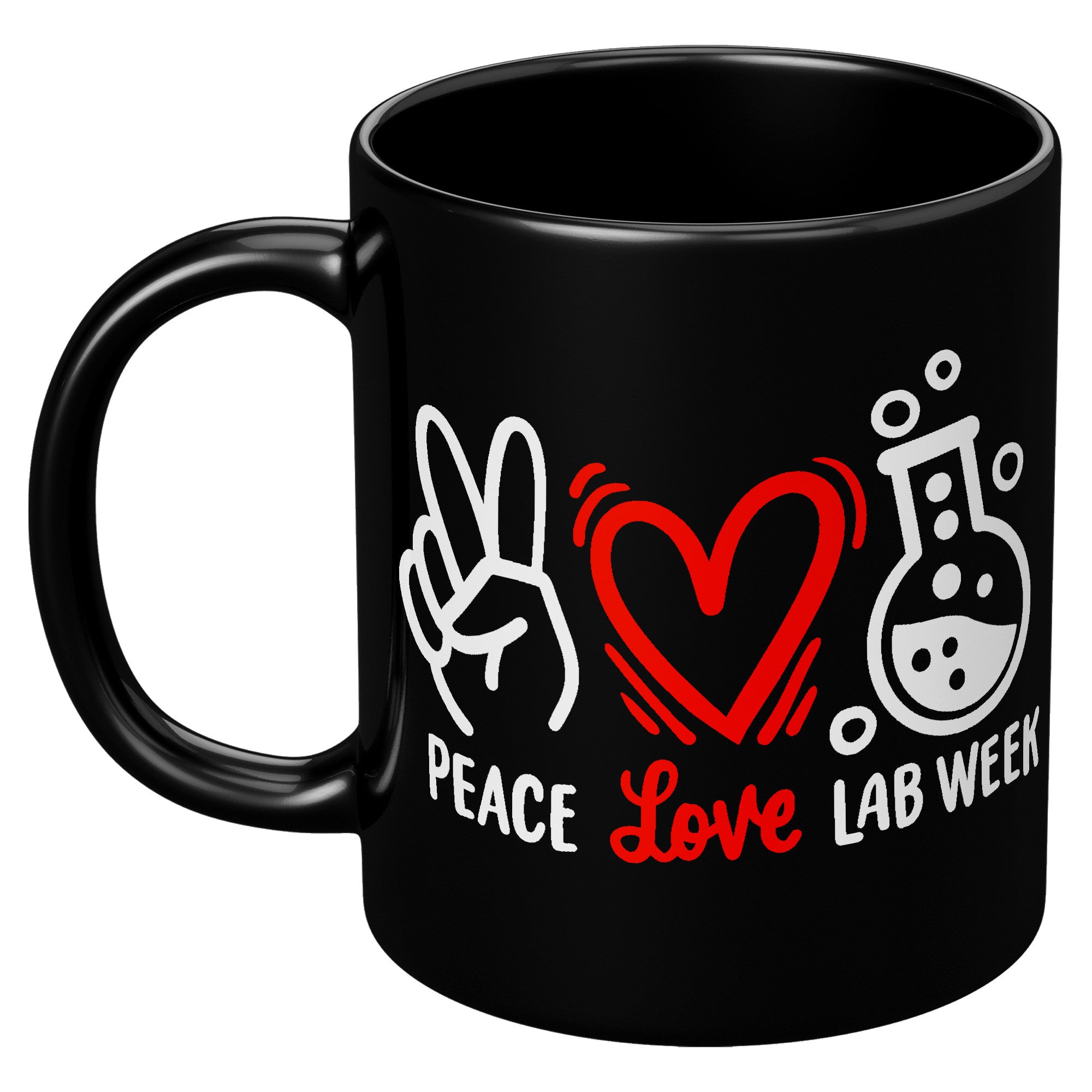 11 oz Black Coffee Mug with 'Peace Love Lab Week' Design - Featuring Peace Sign, Heart, and Lab Vial - Ideal Gift for Lab Week Celebrations