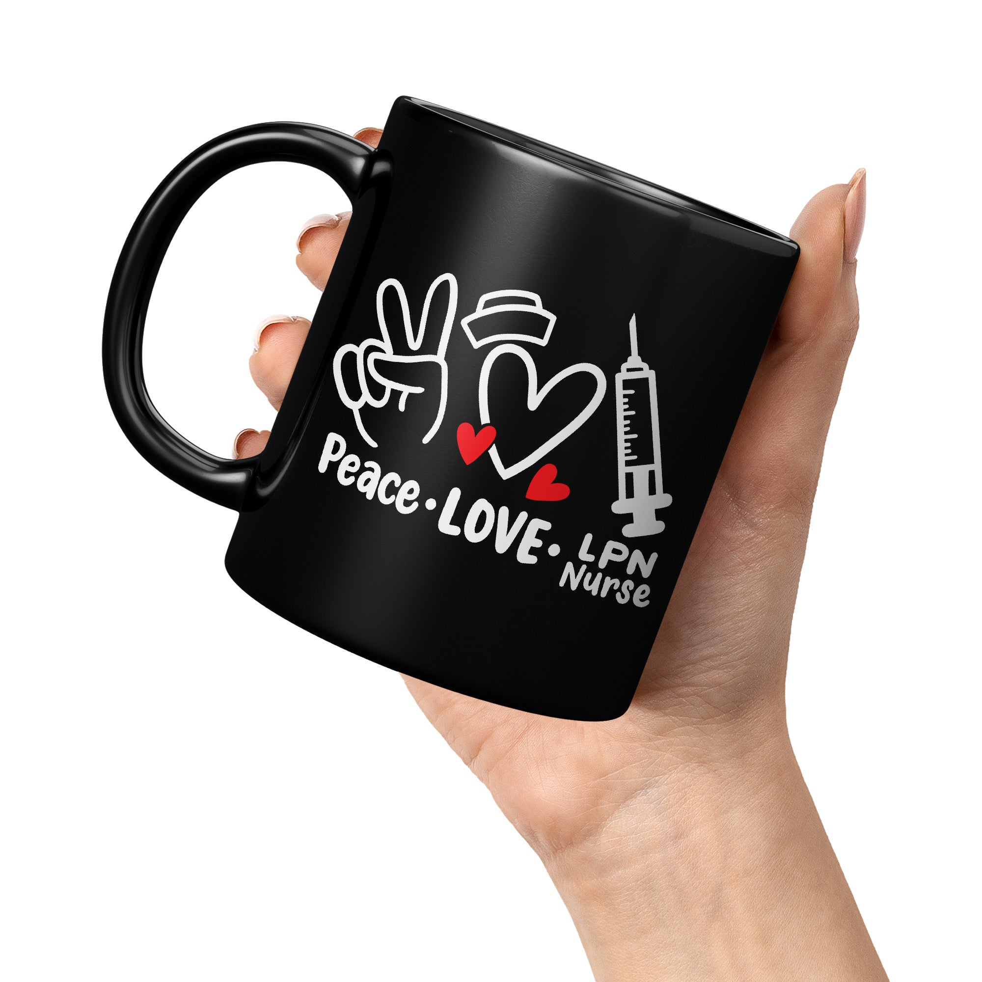 11 oz Black Coffee Mug with 'Peace Love LPN Nurse' Design - Featuring Peace Sign, Heart, and Needle - Perfect LPN Gift