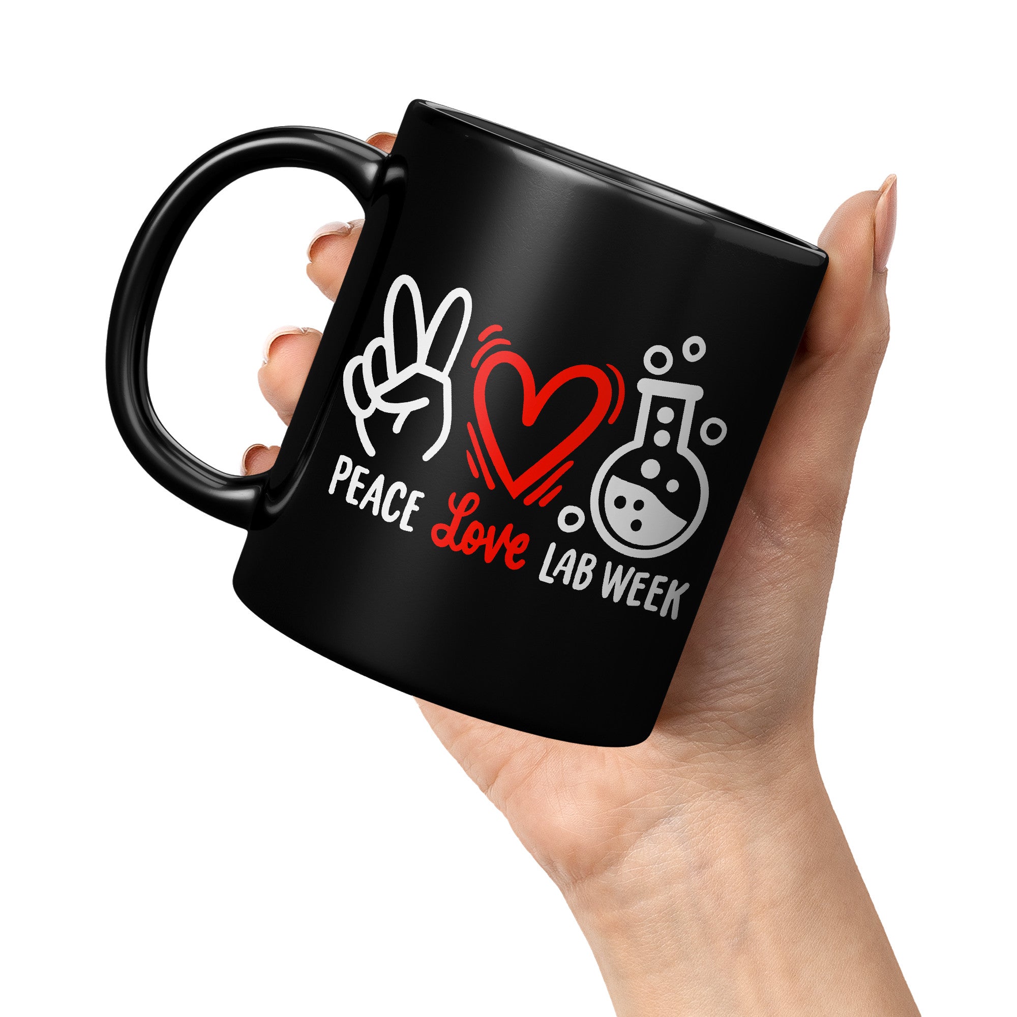 11 oz Black Coffee Mug with 'Peace Love Lab Week' Design - Featuring Peace Sign, Heart, and Lab Vial - Ideal Gift for Lab Week Celebrations