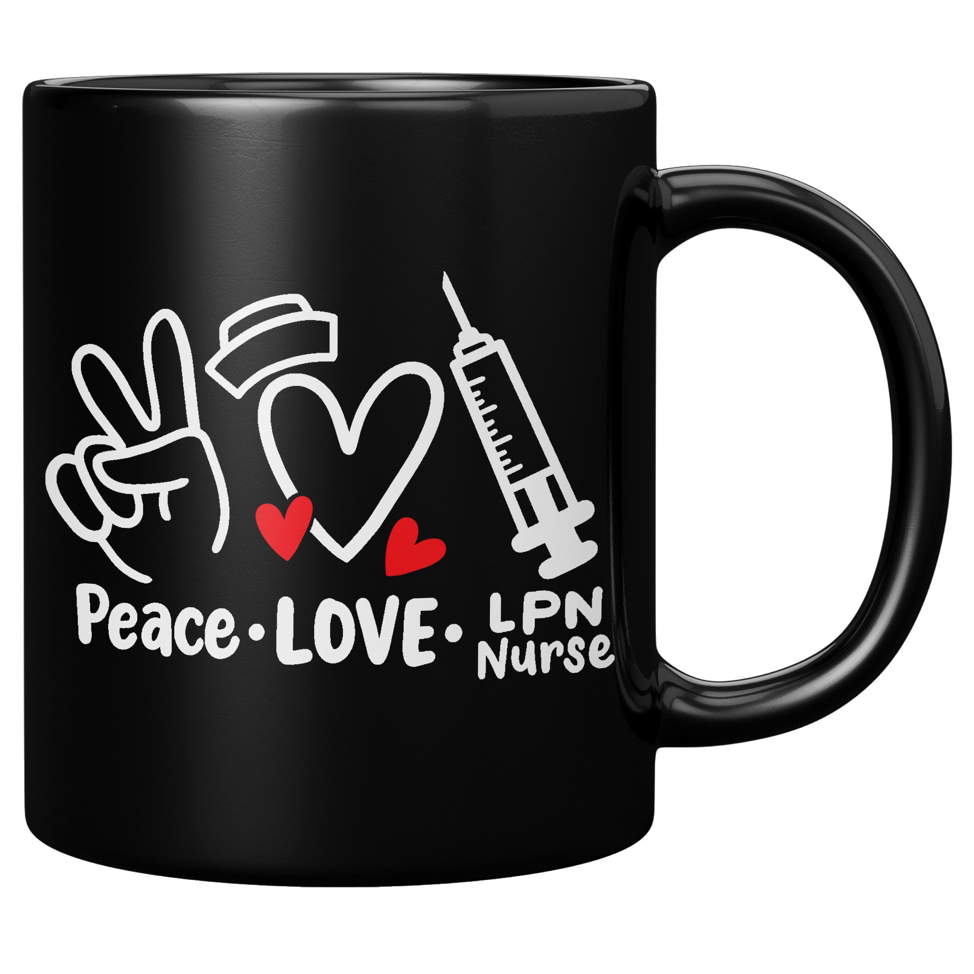 11 oz Black Coffee Mug with 'Peace Love LPN Nurse' Design - Featuring Peace Sign, Heart, and Needle - Perfect LPN Gift