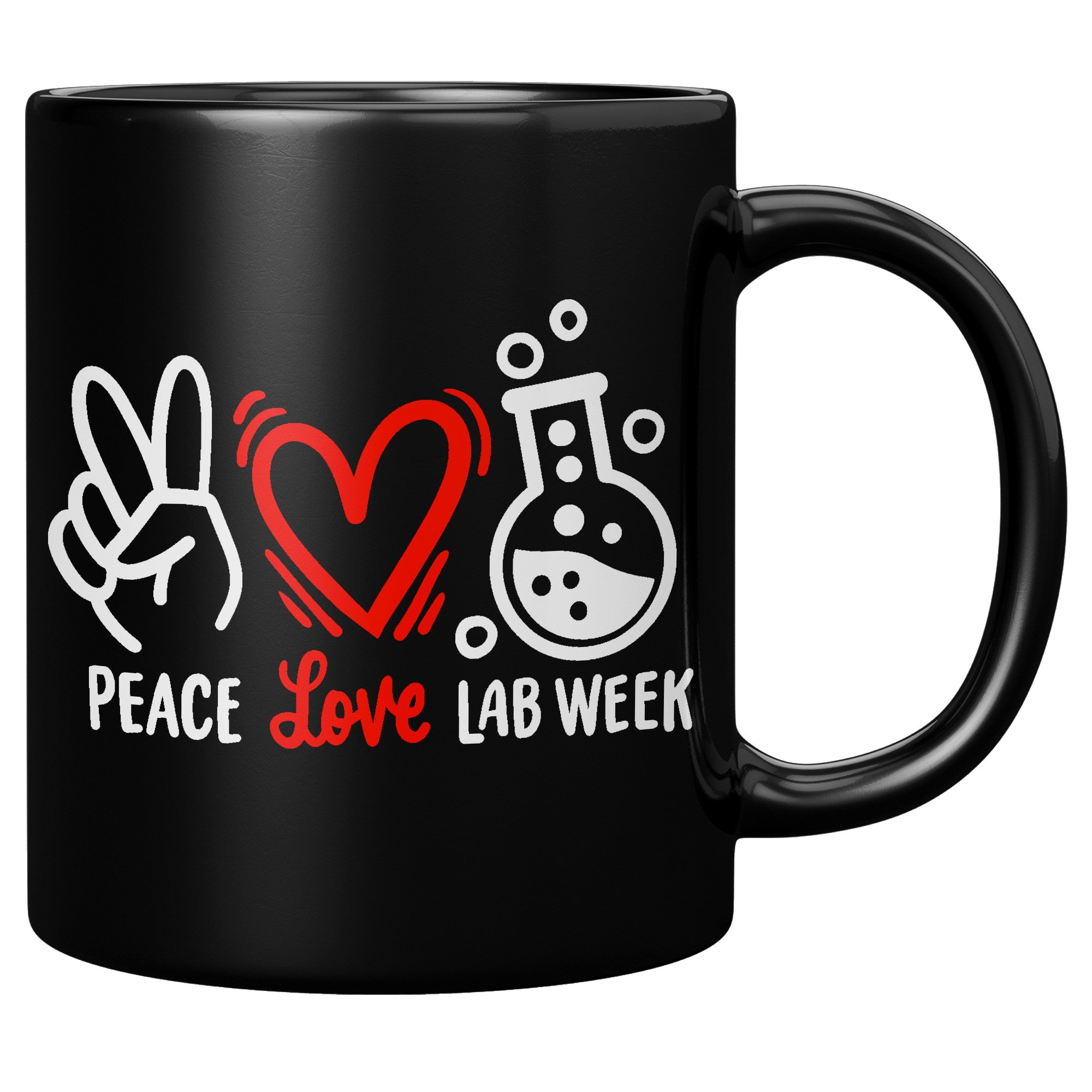 11 oz Black Coffee Mug with 'Peace Love Lab Week' Design - Featuring Peace Sign, Heart, and Lab Vial - Ideal Gift for Lab Week Celebrations