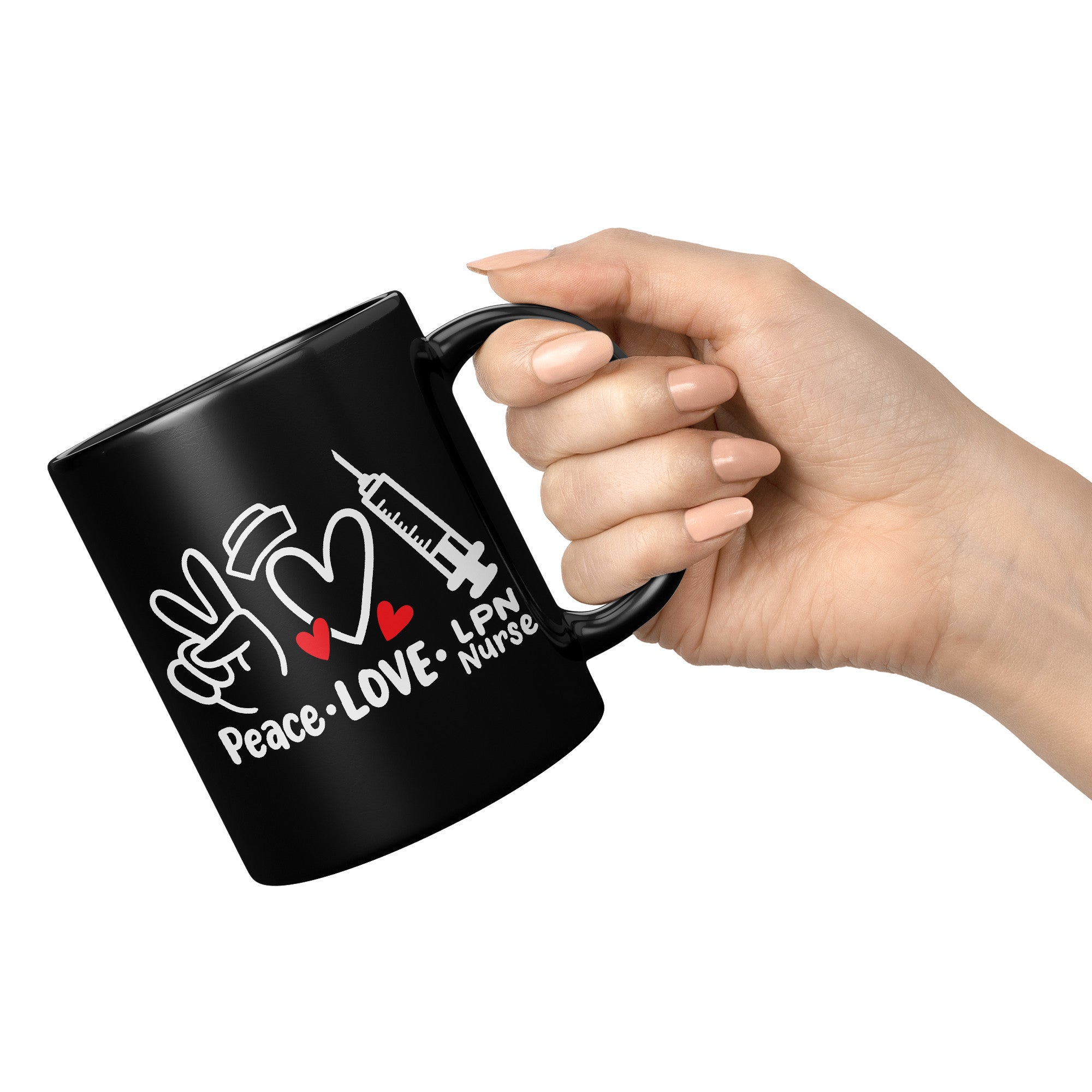 11 oz Black Coffee Mug with 'Peace Love LPN Nurse' Design - Featuring Peace Sign, Heart, and Needle - Perfect LPN Gift