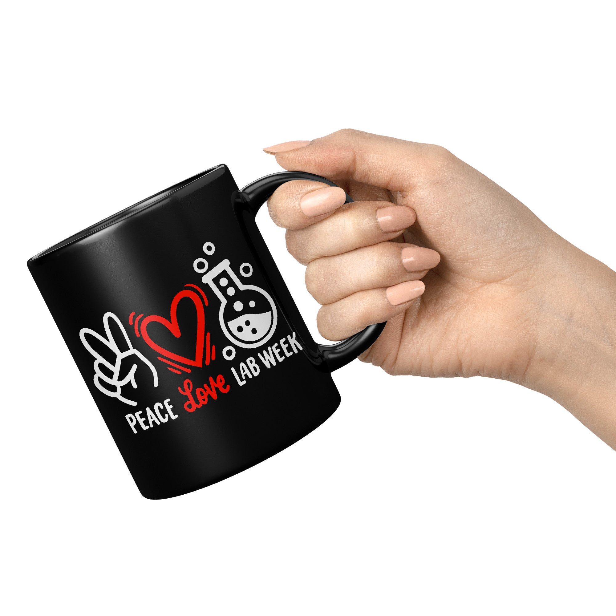 11 oz Black Coffee Mug with 'Peace Love Lab Week' Design - Featuring Peace Sign, Heart, and Lab Vial - Ideal Gift for Lab Week Celebrations