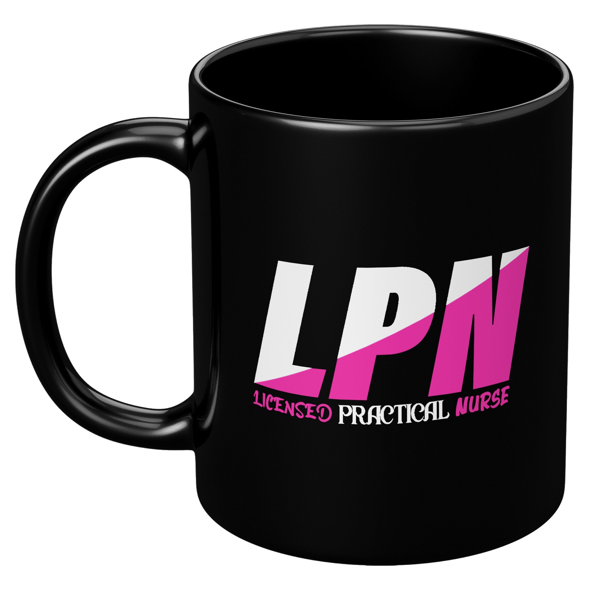11 oz Black Coffee Mug with Stylish 'Licensed Practical Nurse' White and Fuchsia Color Block Design - Ideal LPN Gift