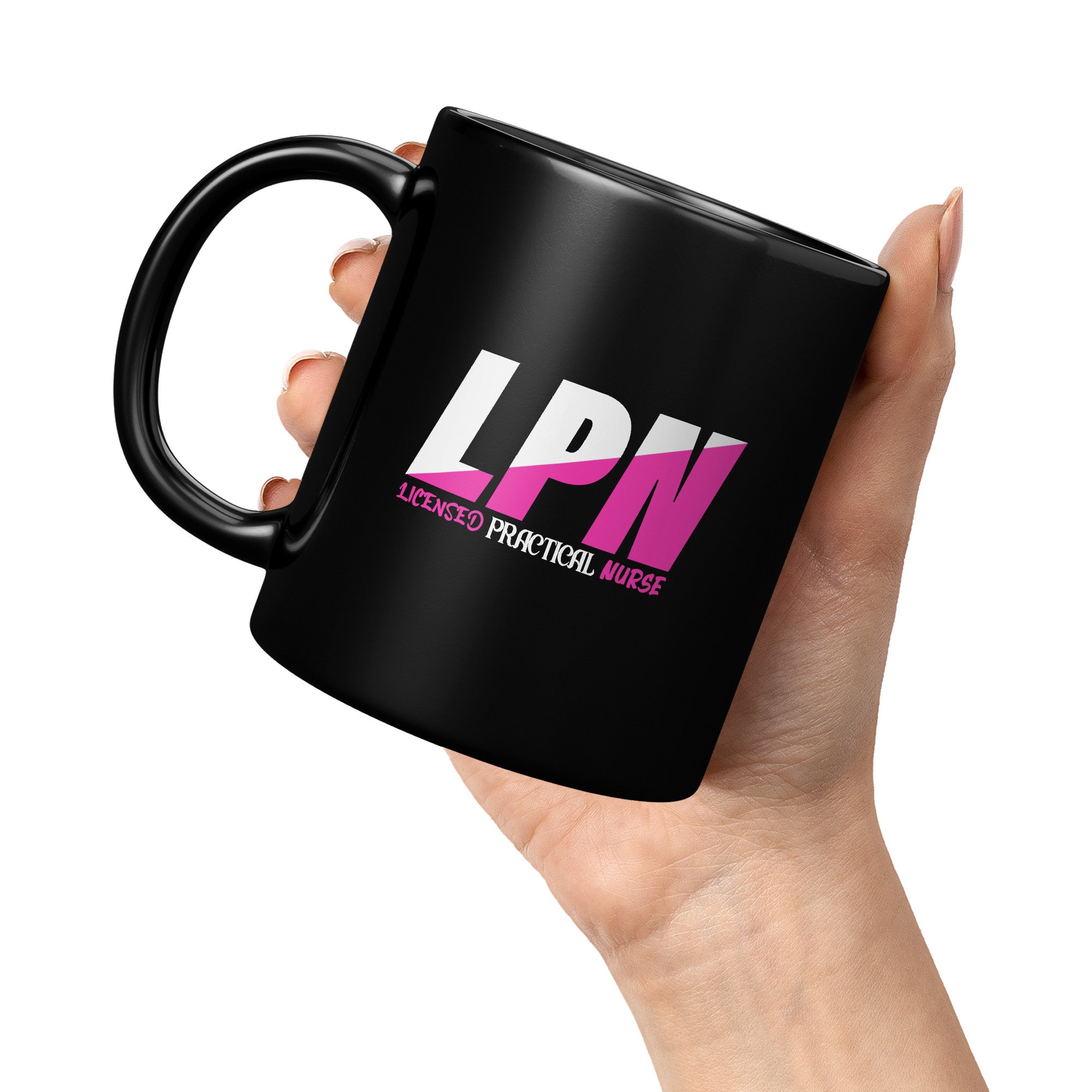 11 oz Black Coffee Mug with Stylish 'Licensed Practical Nurse' White and Fuchsia Color Block Design - Ideal LPN Gift