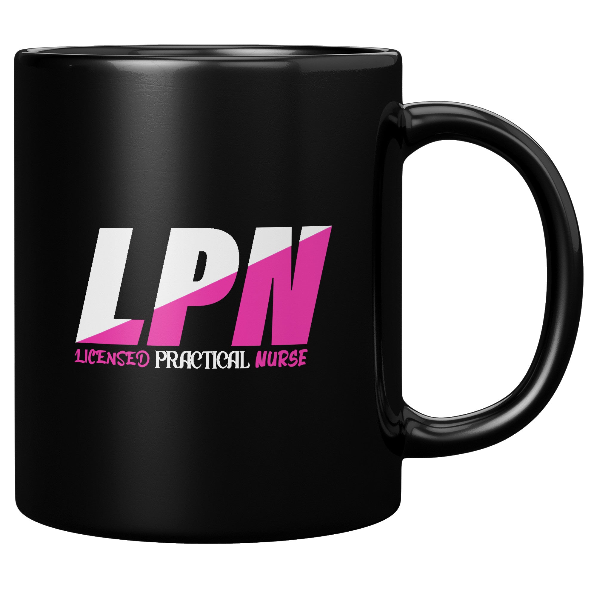 11 oz Black Coffee Mug with Stylish 'Licensed Practical Nurse' White and Fuchsia Color Block Design - Ideal LPN Gift