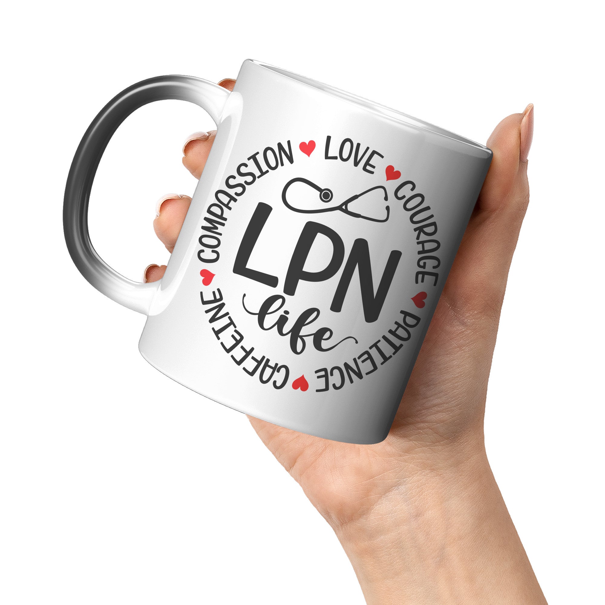 11 oz 'LPN Life' Magic Mug with Circle Design - Compassion, Love, Courage, Patience, Caffeine - Ideal Gift for Licensed Practical Nurses