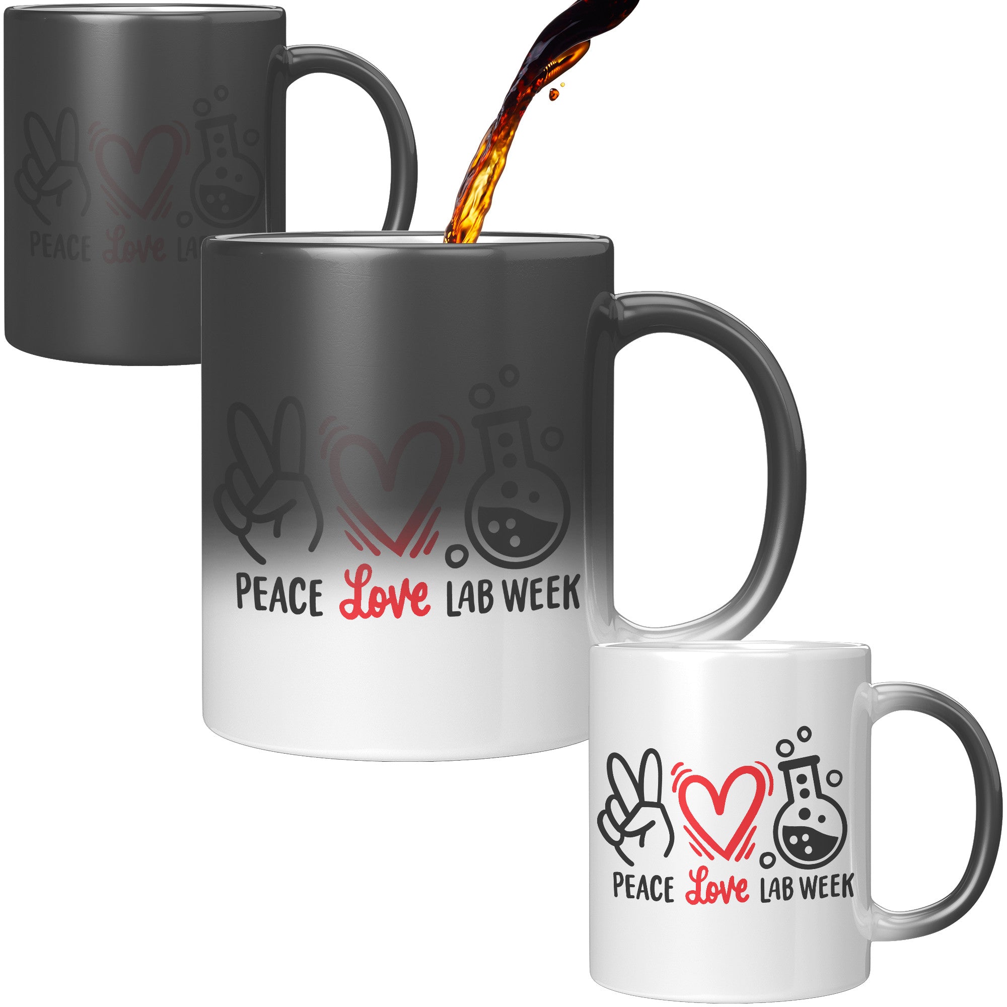 11 oz 'Peace Love Lab Week' Magic Mug with Peace Sign, Heart, and Lab Vial Images - Celebrate Lab Week in Style