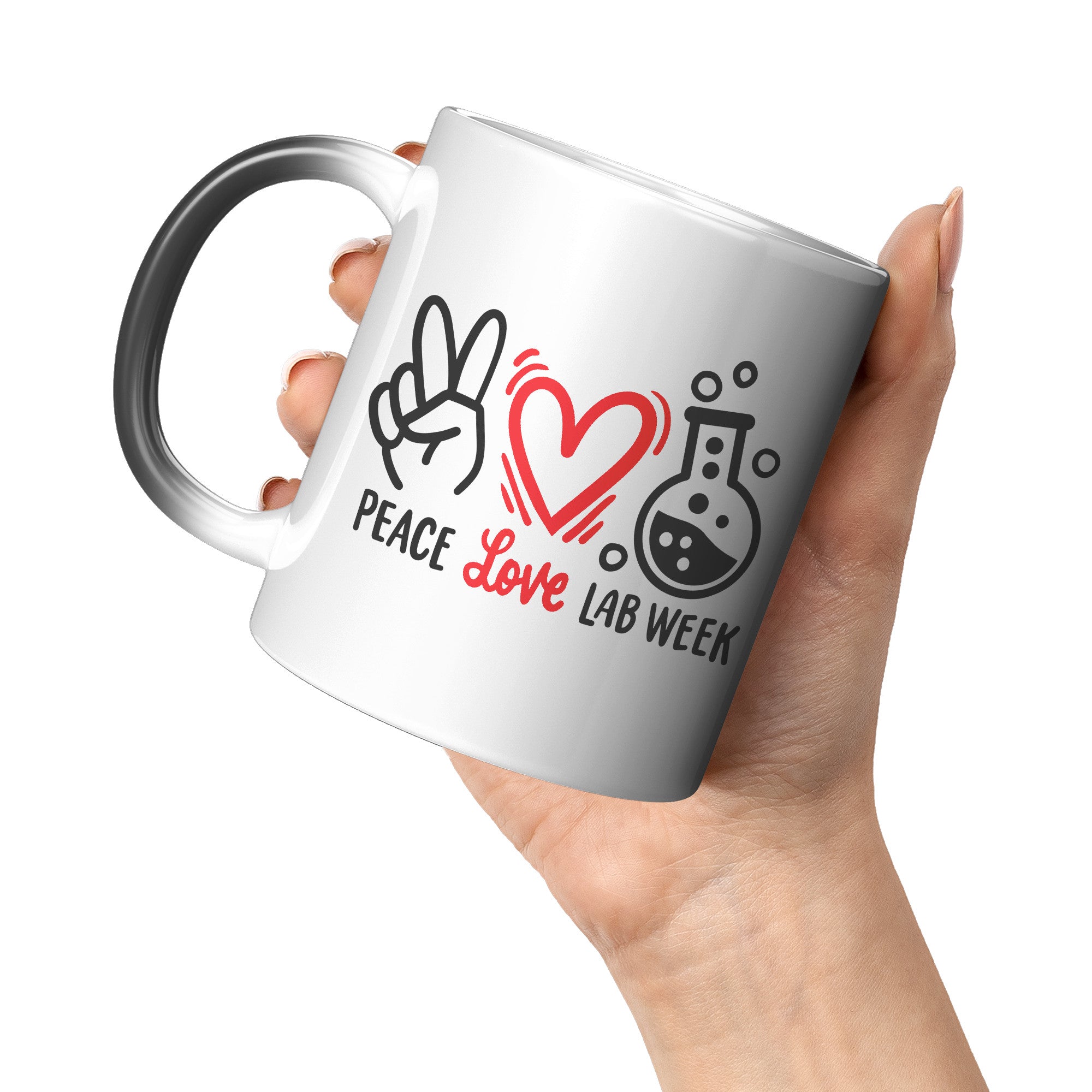 11 oz 'Peace Love Lab Week' Magic Mug with Peace Sign, Heart, and Lab Vial Images - Celebrate Lab Week in Style