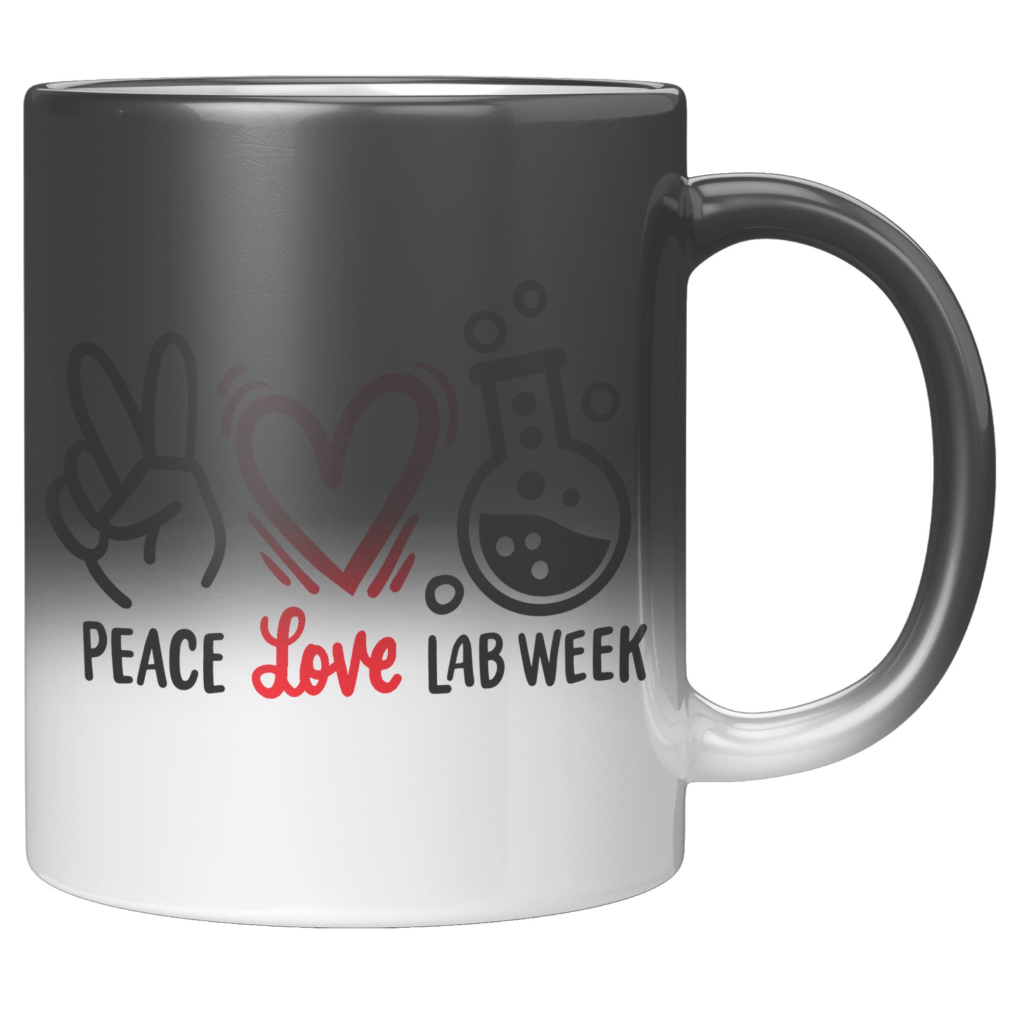 11 oz 'Peace Love Lab Week' Magic Mug with Peace Sign, Heart, and Lab Vial Images - Celebrate Lab Week in Style