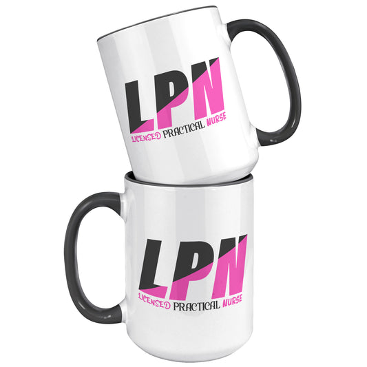 15 oz Accent Mug in Black and Fuschia Color Block - 'Licensed Practical Nurse' Bold Text - Spacious and Stylish for LPNs