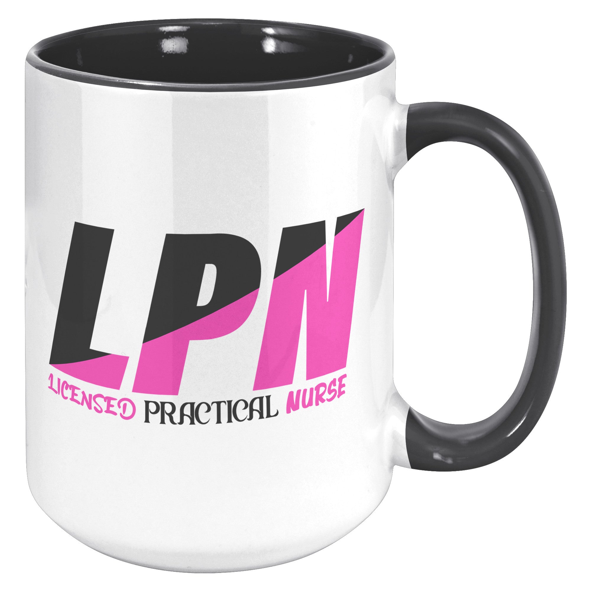 15 oz Accent Mug in Black and Fuschia Color Block - 'Licensed Practical Nurse' Bold Text - Spacious and Stylish for LPNs