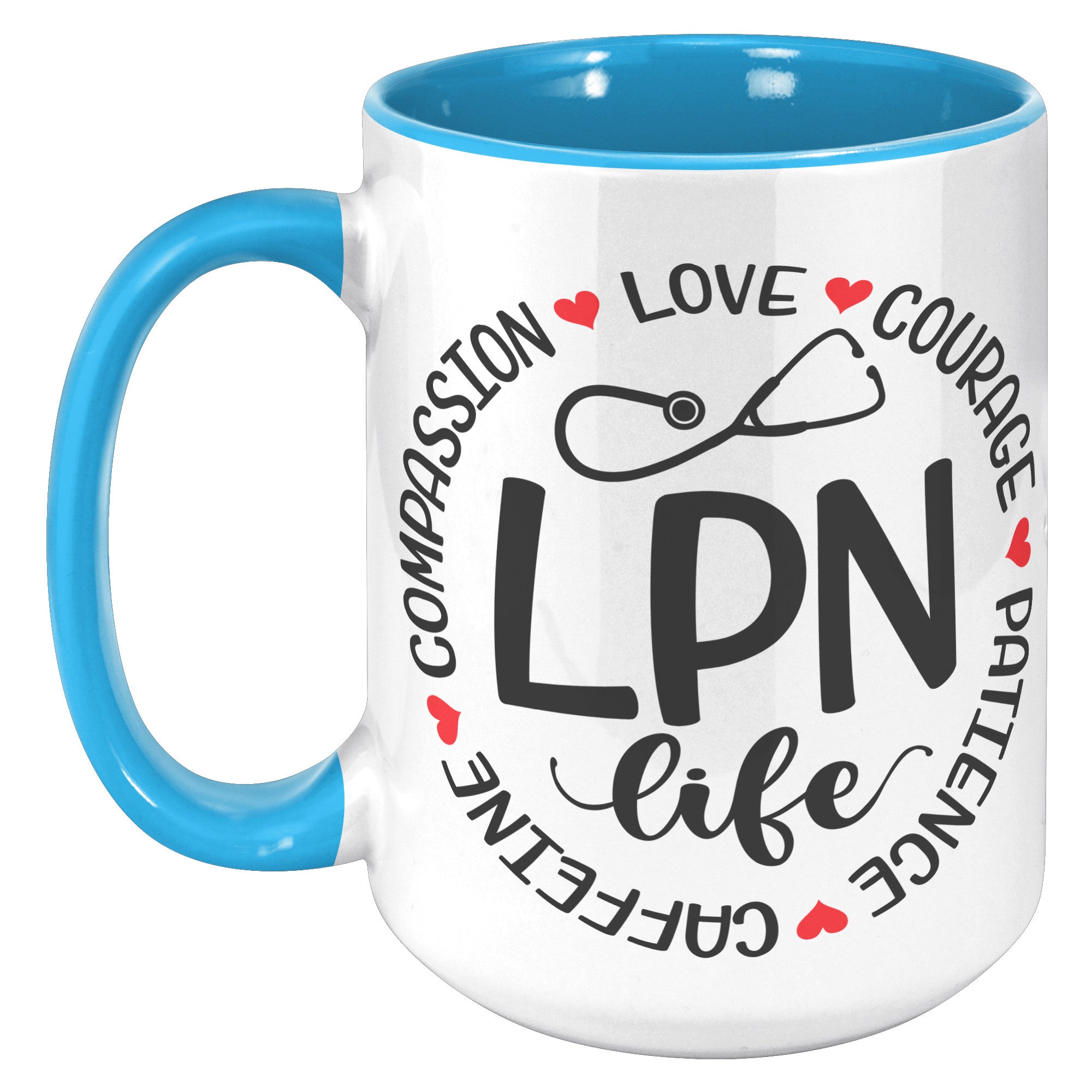 15 oz LPN Life Accent Mug with Circle Design - Compassion, Love, Courage, Patience, Caffeine - Ideal Gift for Licensed Practical Nurses