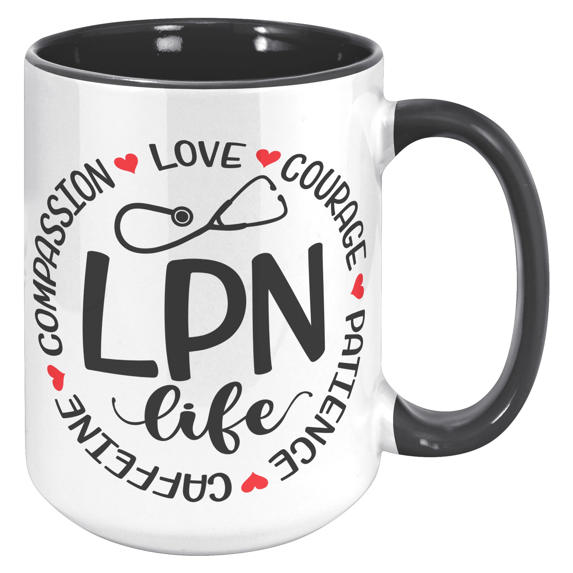15 oz LPN Life Accent Mug with Circle Design - Compassion, Love, Courage, Patience, Caffeine - Ideal Gift for Licensed Practical Nurses