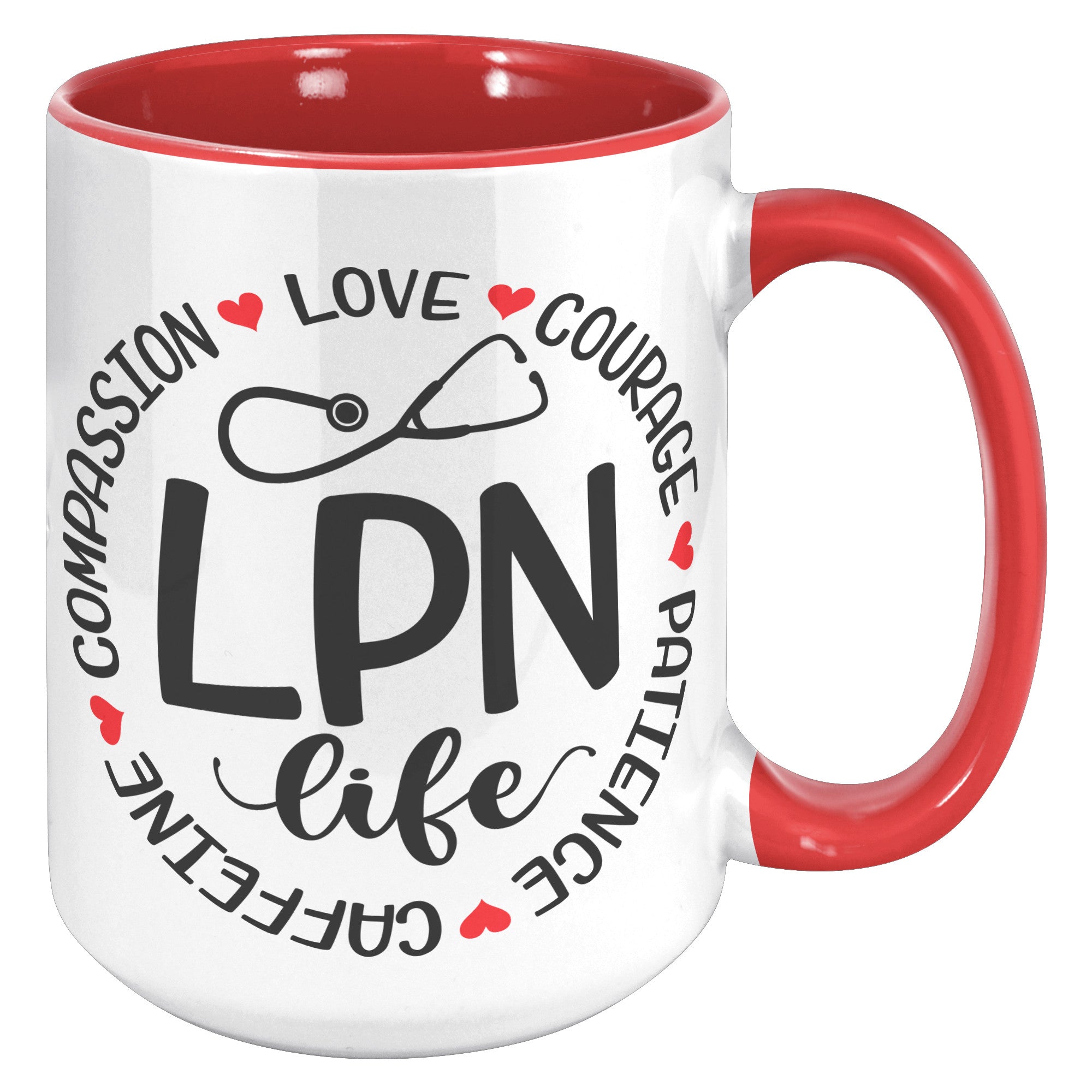 15 oz LPN Life Accent Mug with Circle Design - Compassion, Love, Courage, Patience, Caffeine - Ideal Gift for Licensed Practical Nurses