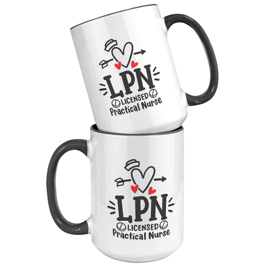 15 oz 'Licensed Practical Nurse' Accent Mug with Heart, Nurse's Hat, and Pill Images - Ideal for LPN Professionals