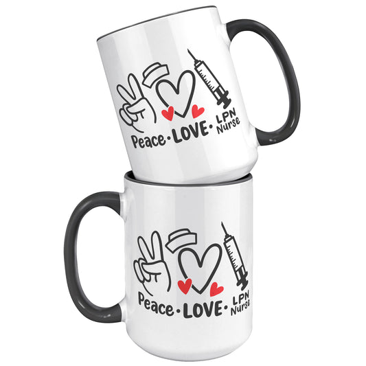 15 oz 'Peace Love LPN Nurse' Accent Mug with Peace Sign, Heart, and Needle - Perfect Gift for LPN Nurses