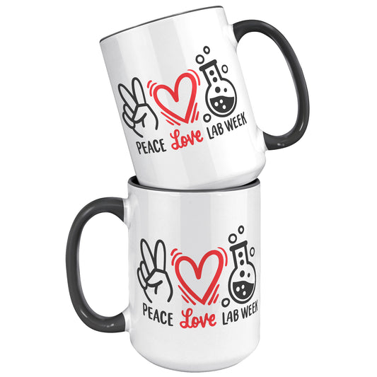 15 oz 'Peace Love Lab Week' Accent Mug with Peace Sign, Heart, and Lab Vial Design - Celebrate Lab Week in Style