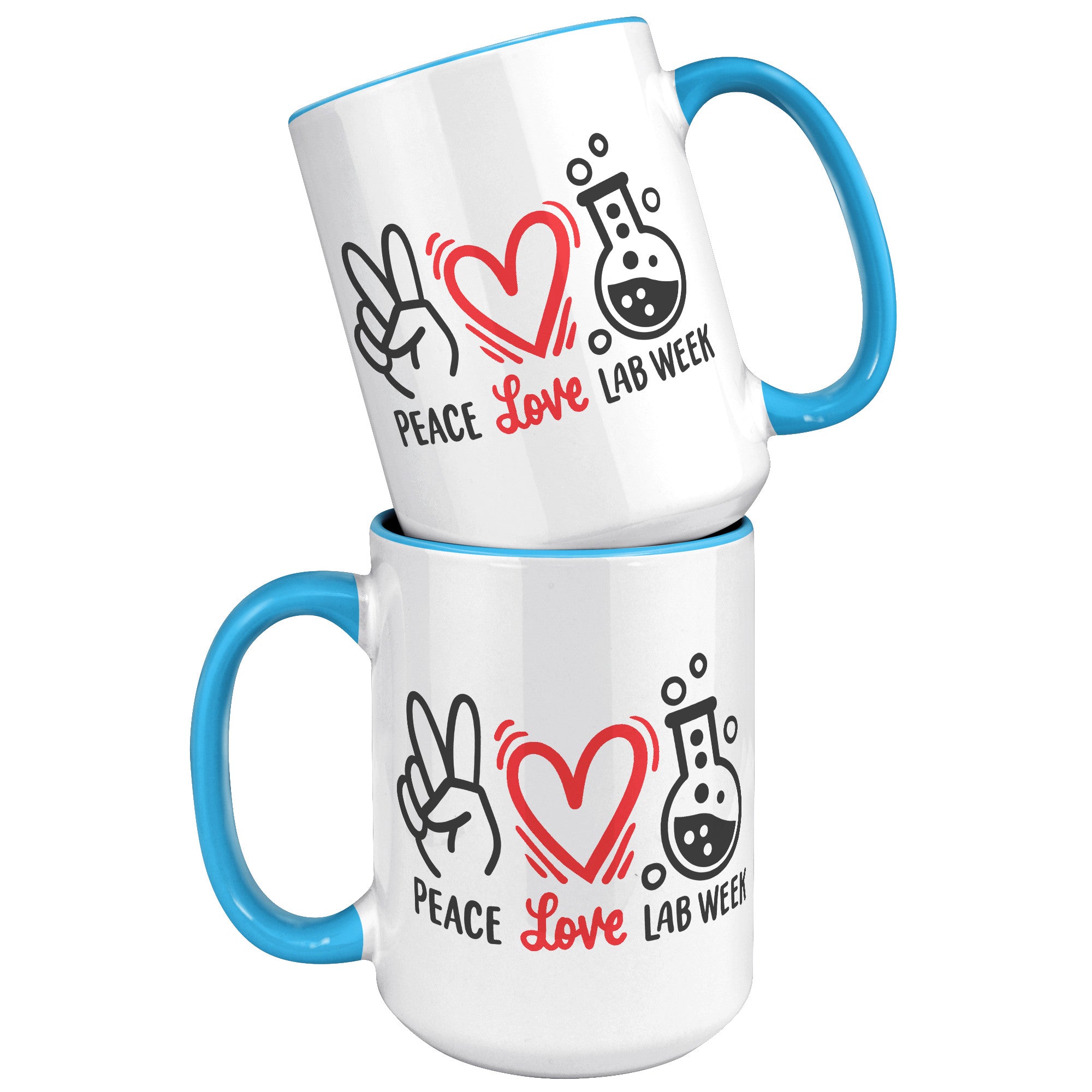 15 oz 'Peace Love Lab Week' Accent Mug with Peace Sign, Heart, and Lab Vial Design - Celebrate Lab Week in Style