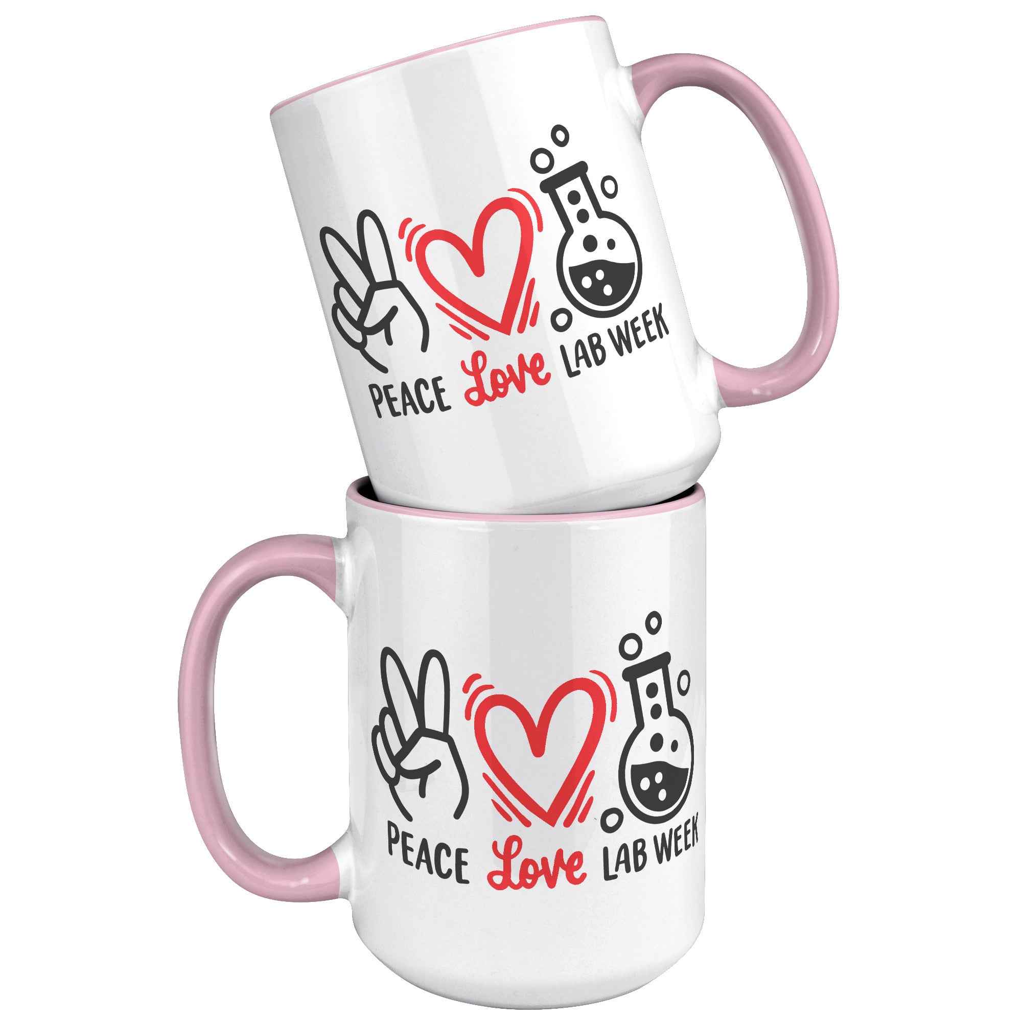 15 oz 'Peace Love Lab Week' Accent Mug with Peace Sign, Heart, and Lab Vial Design - Celebrate Lab Week in Style