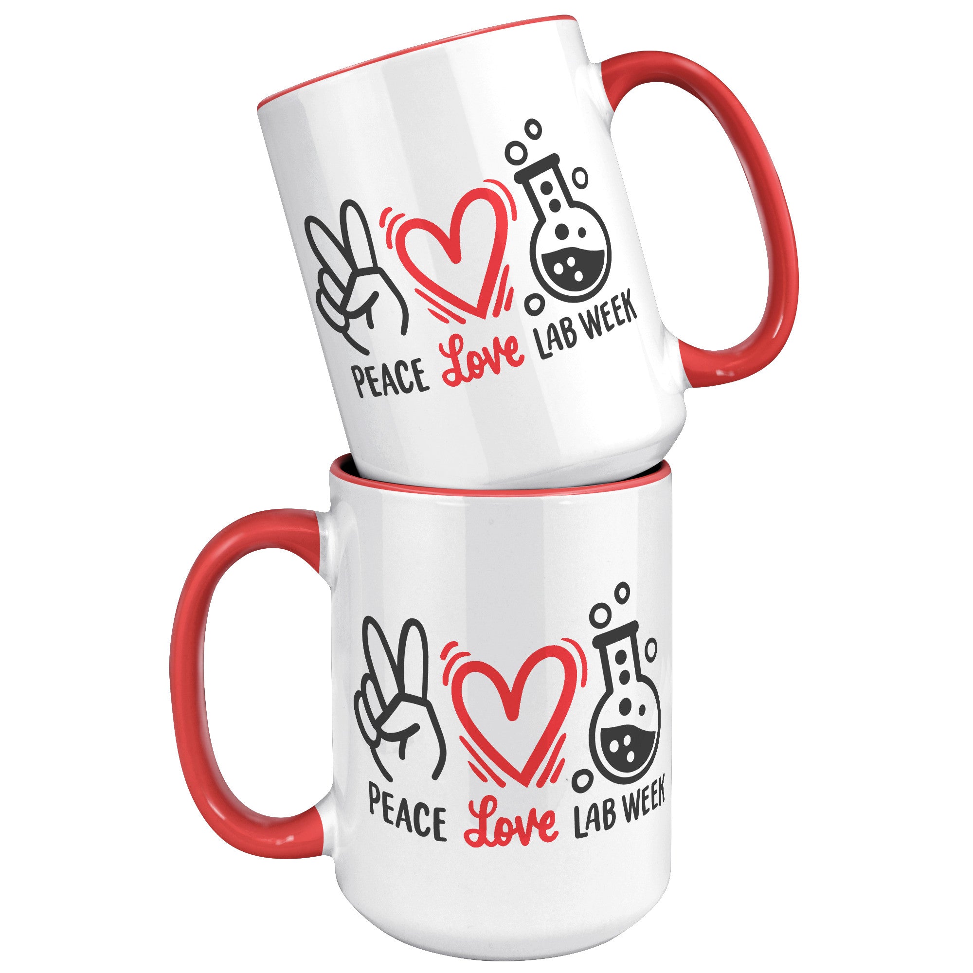 15 oz 'Peace Love Lab Week' Accent Mug with Peace Sign, Heart, and Lab Vial Design - Celebrate Lab Week in Style