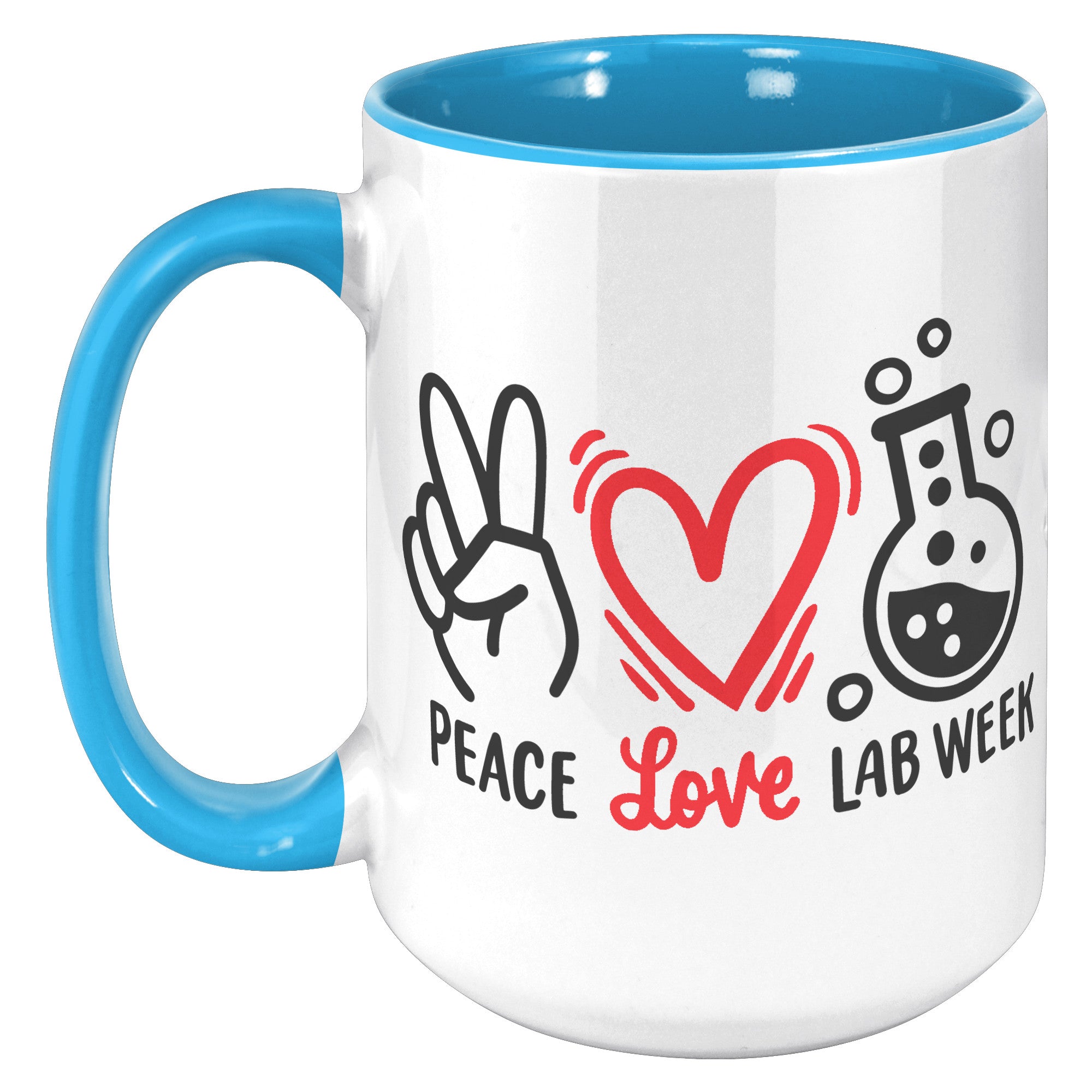 15 oz 'Peace Love Lab Week' Accent Mug with Peace Sign, Heart, and Lab Vial Design - Celebrate Lab Week in Style