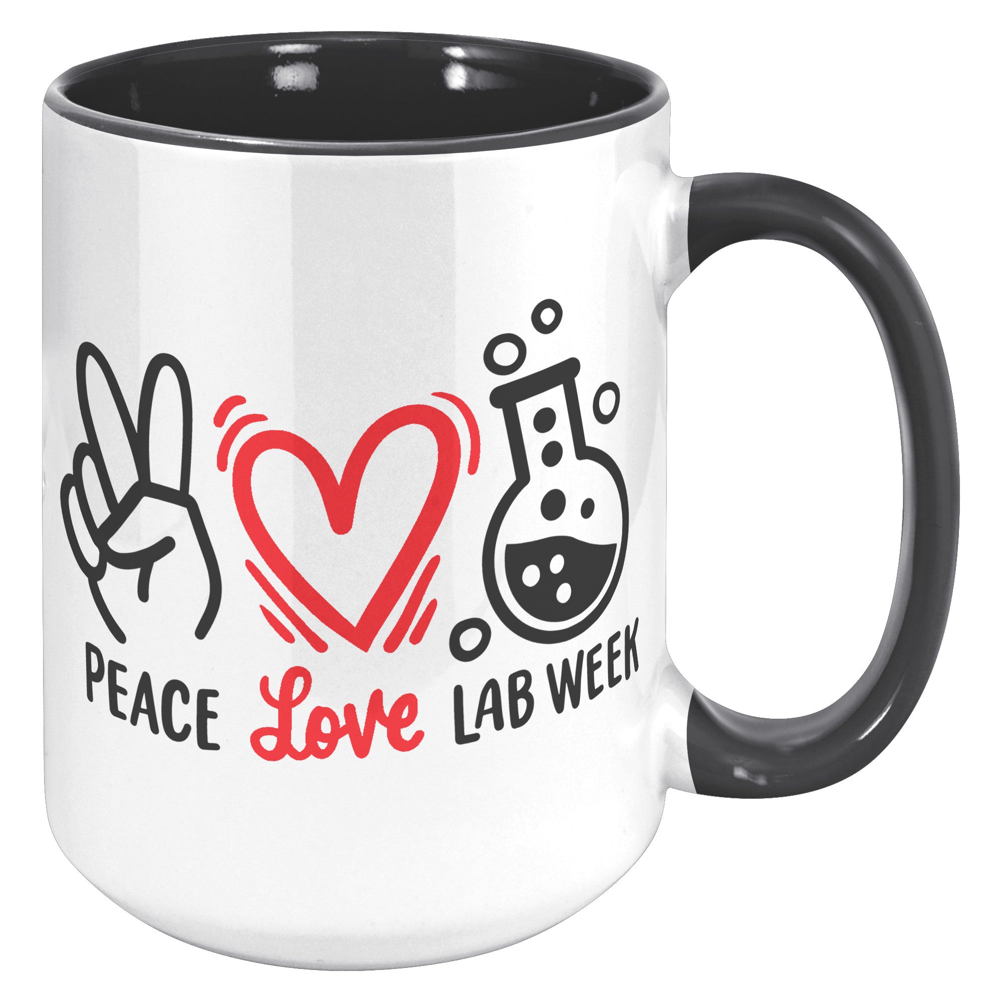 15 oz 'Peace Love Lab Week' Accent Mug with Peace Sign, Heart, and Lab Vial Design - Celebrate Lab Week in Style