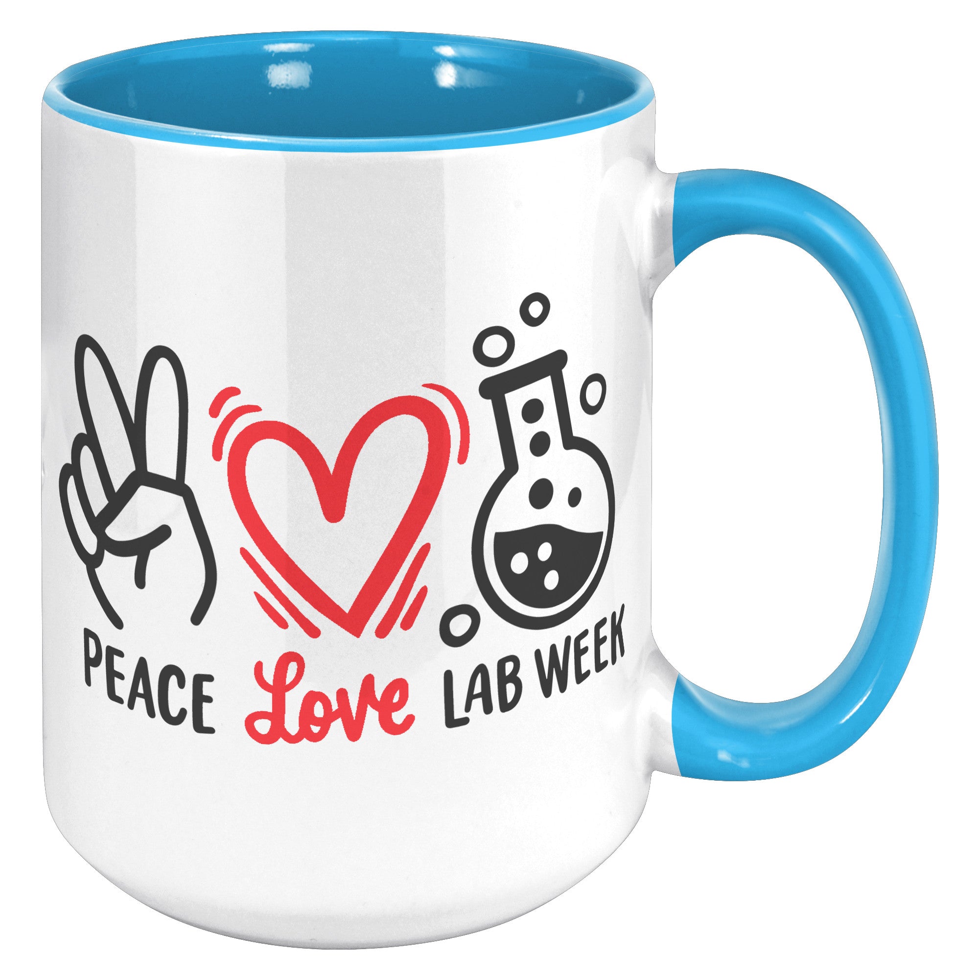 15 oz 'Peace Love Lab Week' Accent Mug with Peace Sign, Heart, and Lab Vial Design - Celebrate Lab Week in Style