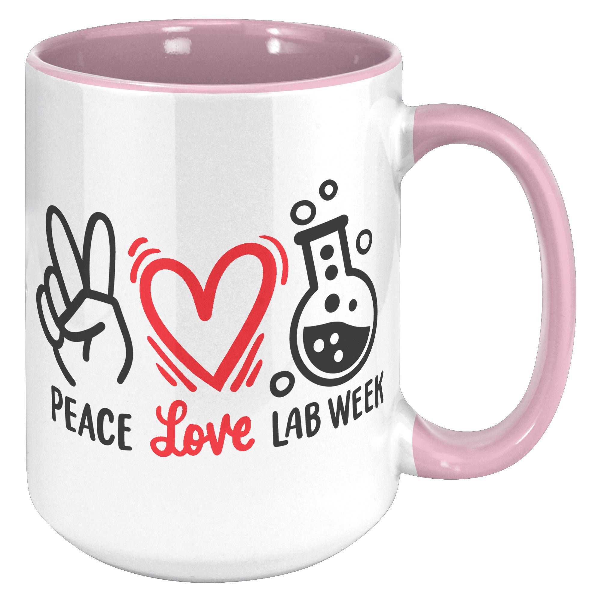 15 oz 'Peace Love Lab Week' Accent Mug with Peace Sign, Heart, and Lab Vial Design - Celebrate Lab Week in Style
