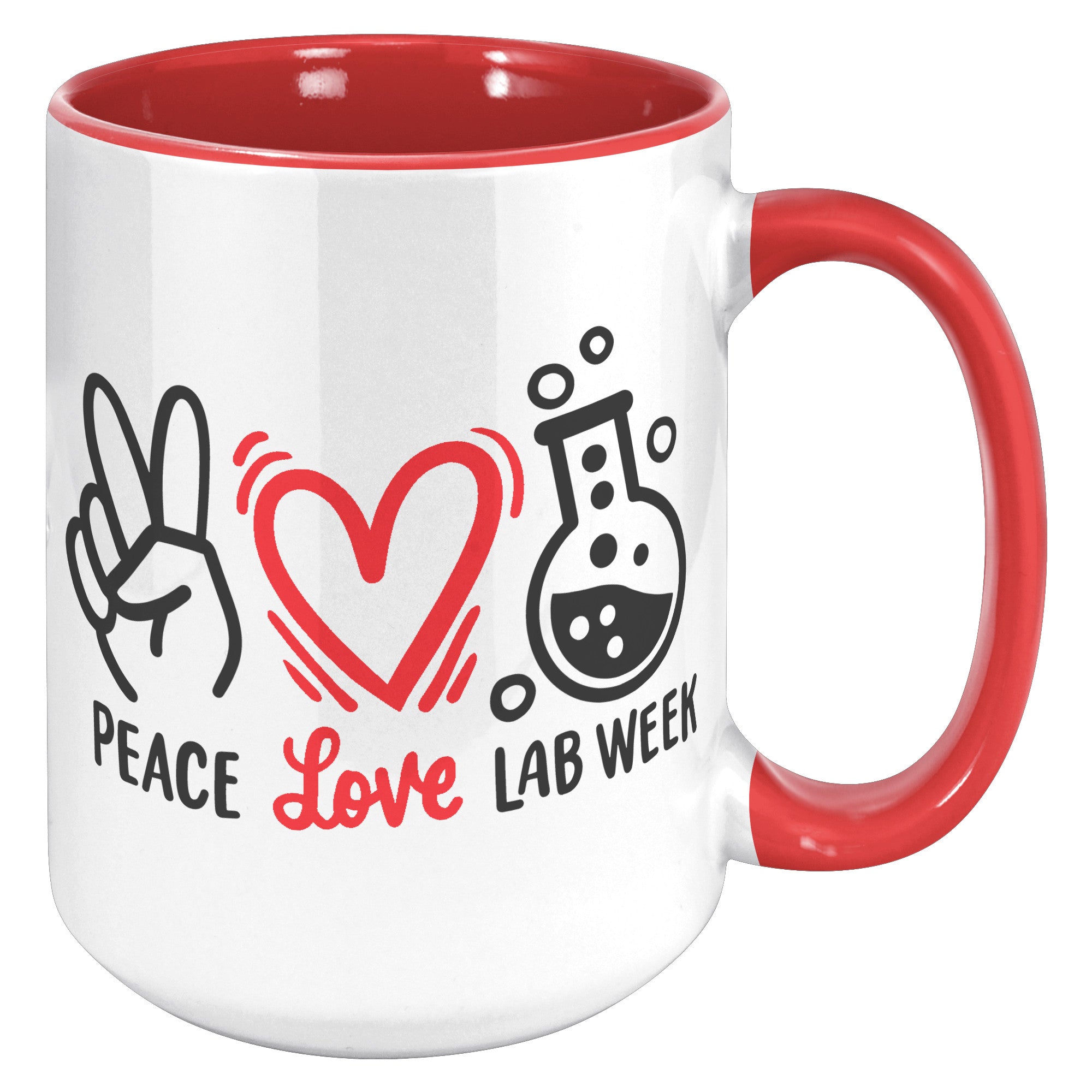15 oz 'Peace Love Lab Week' Accent Mug with Peace Sign, Heart, and Lab Vial Design - Celebrate Lab Week in Style