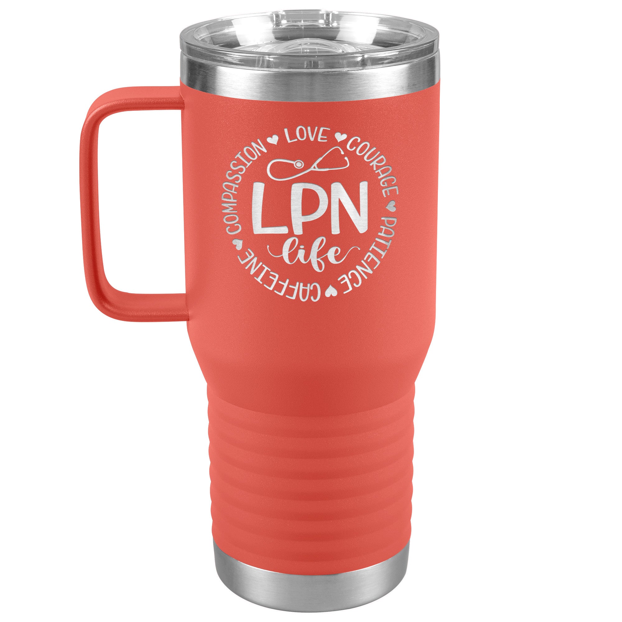 20 oz Travel Tumbler - 'LPN Life' Encircled by Compassion, Love, Courage, Patience, and Caffeine - Nursing with Heart and Dedication!