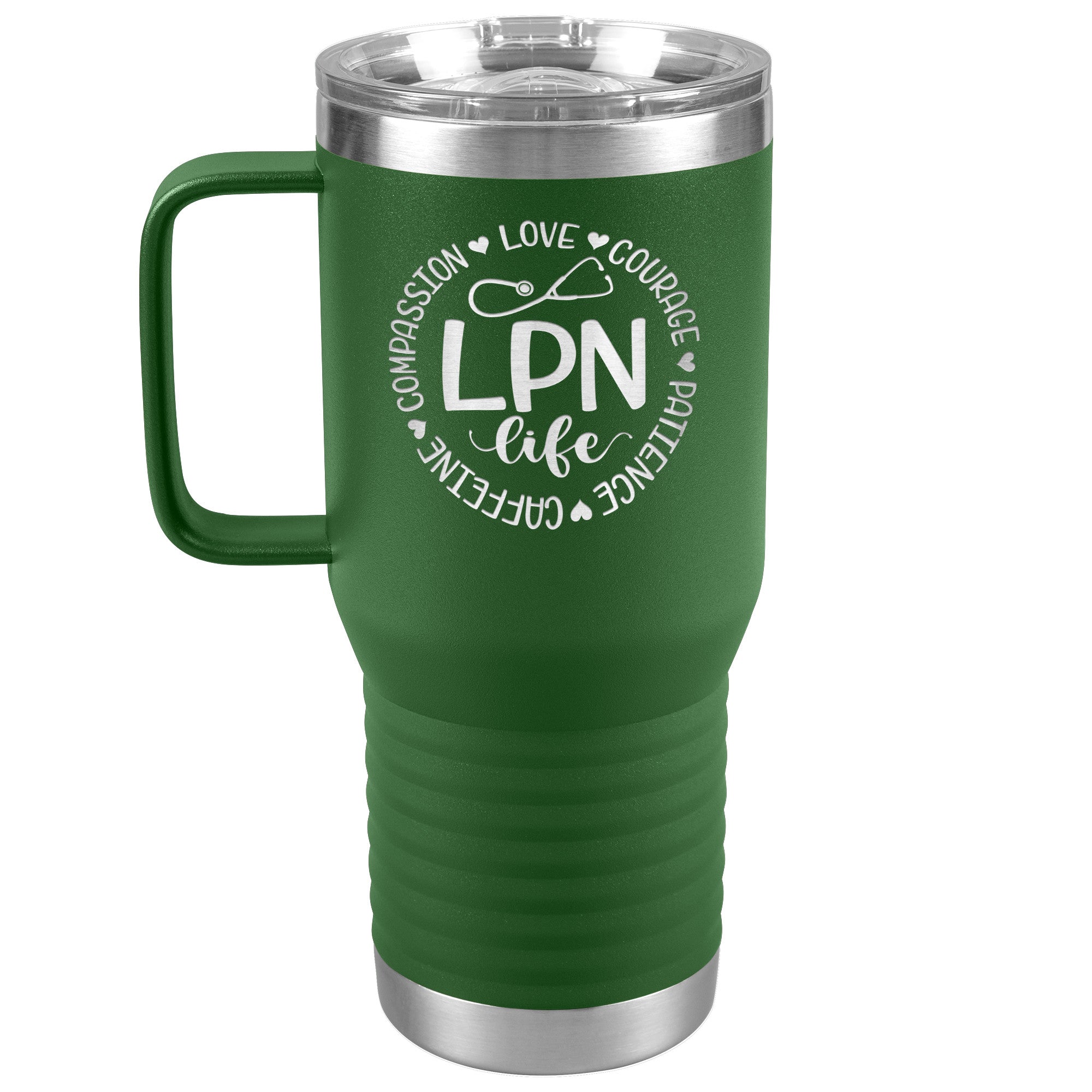20 oz Travel Tumbler - 'LPN Life' Encircled by Compassion, Love, Courage, Patience, and Caffeine - Nursing with Heart and Dedication!