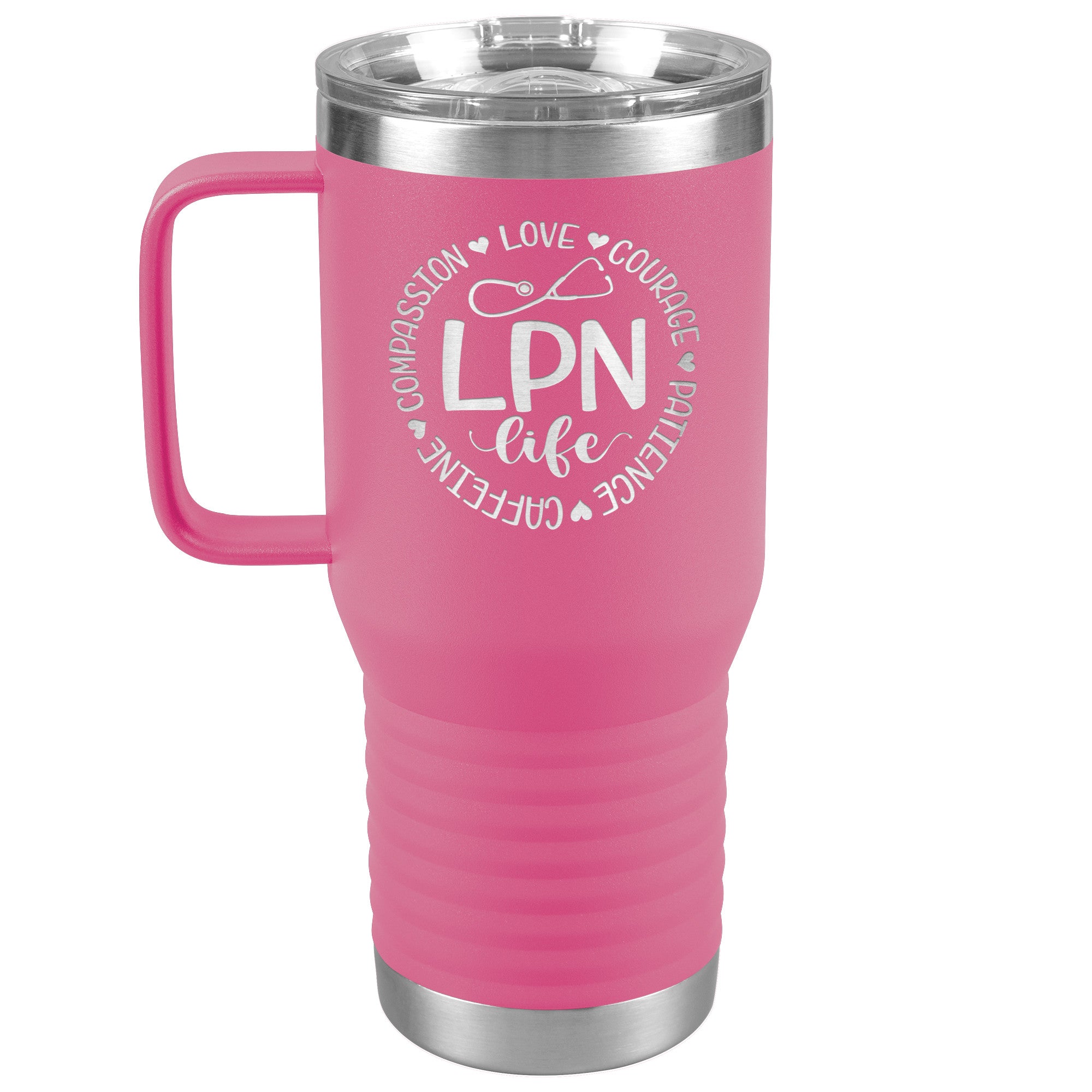 20 oz Travel Tumbler - 'LPN Life' Encircled by Compassion, Love, Courage, Patience, and Caffeine - Nursing with Heart and Dedication!