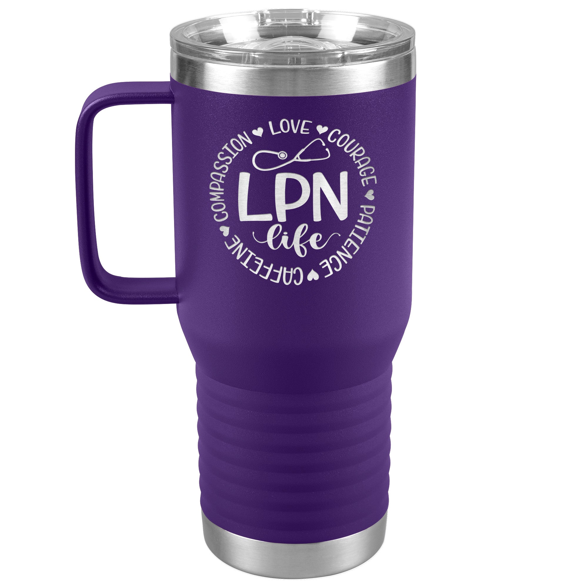 20 oz Travel Tumbler - 'LPN Life' Encircled by Compassion, Love, Courage, Patience, and Caffeine - Nursing with Heart and Dedication!