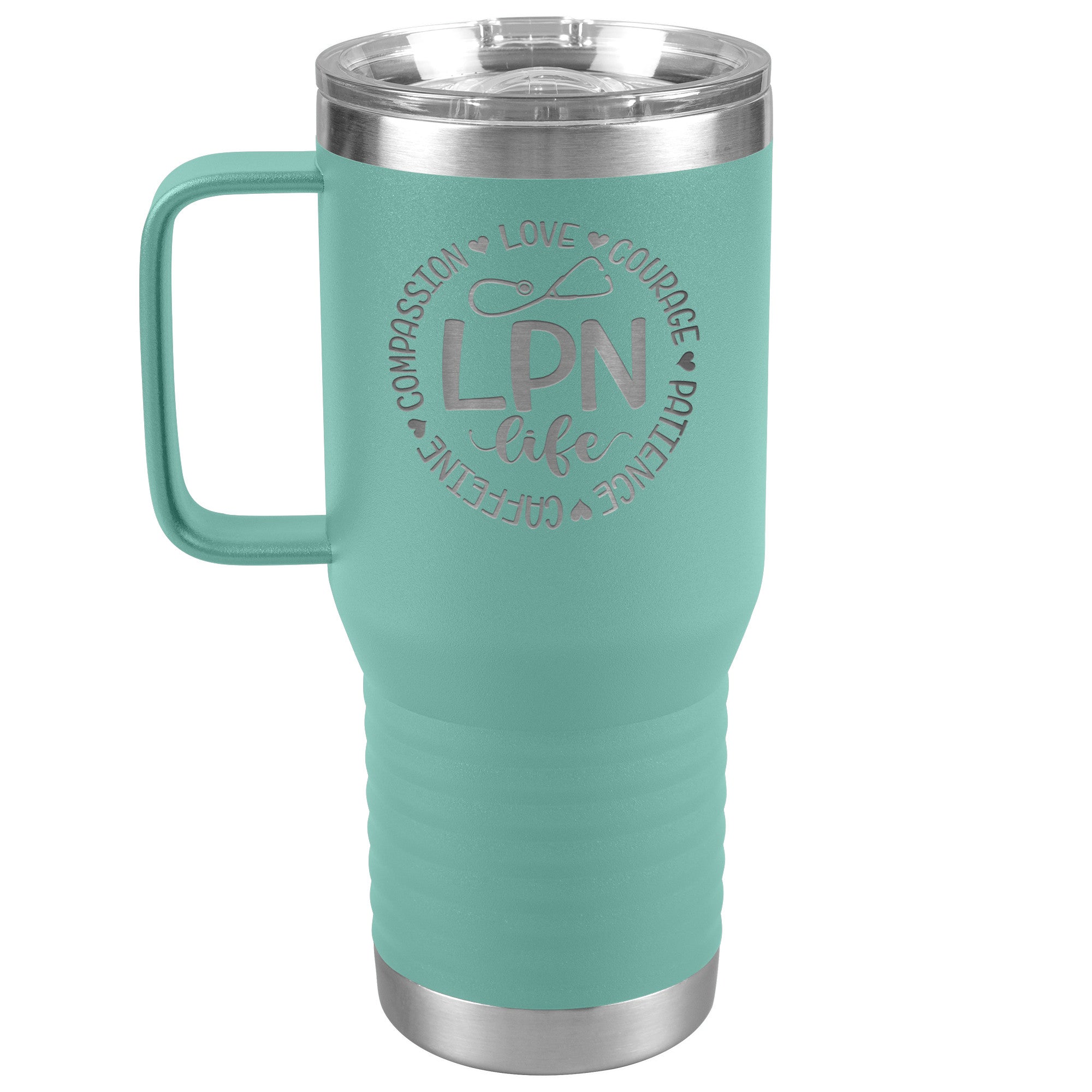 20 oz Travel Tumbler - 'LPN Life' Encircled by Compassion, Love, Courage, Patience, and Caffeine - Nursing with Heart and Dedication!