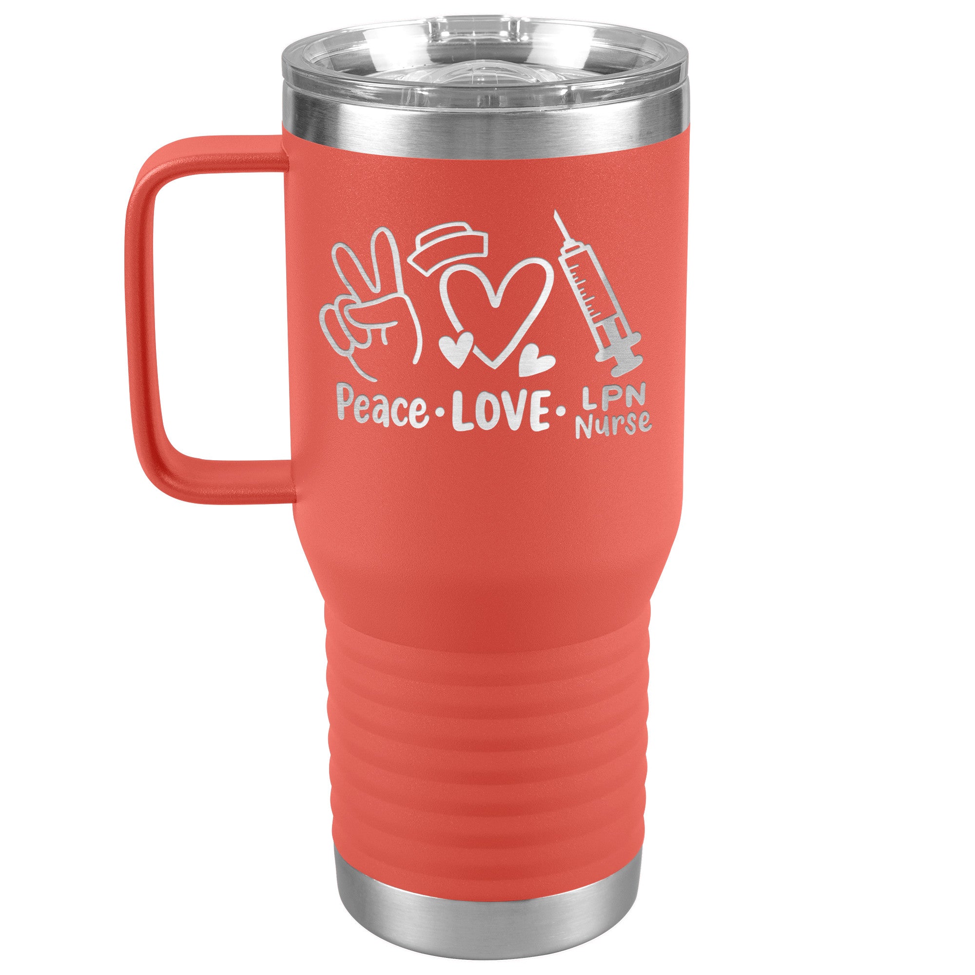 20 oz Travel Tumbler - 'Peace Love LPN Nurse' with Peace Sign, Heart, and Needle - Sip in Nursing Harmony!