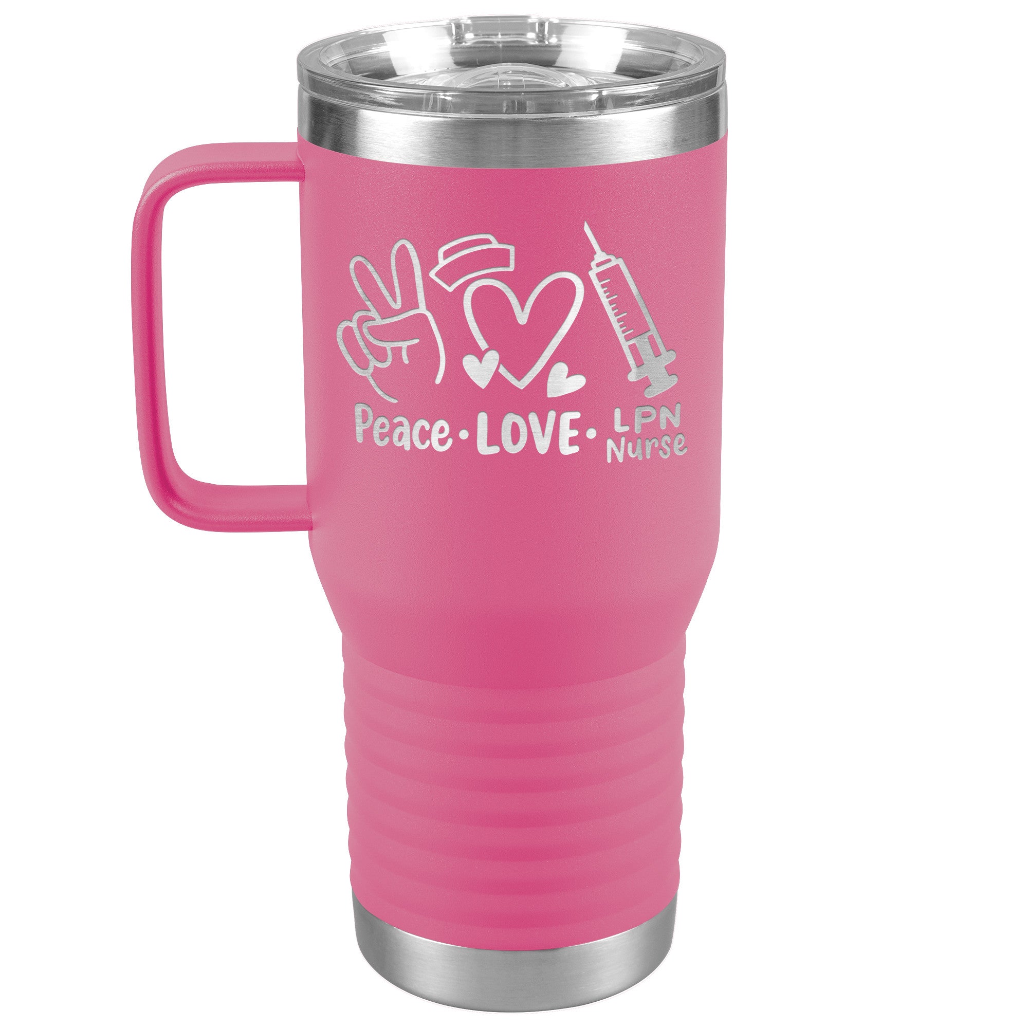 20 oz Travel Tumbler - 'Peace Love LPN Nurse' with Peace Sign, Heart, and Needle - Sip in Nursing Harmony!