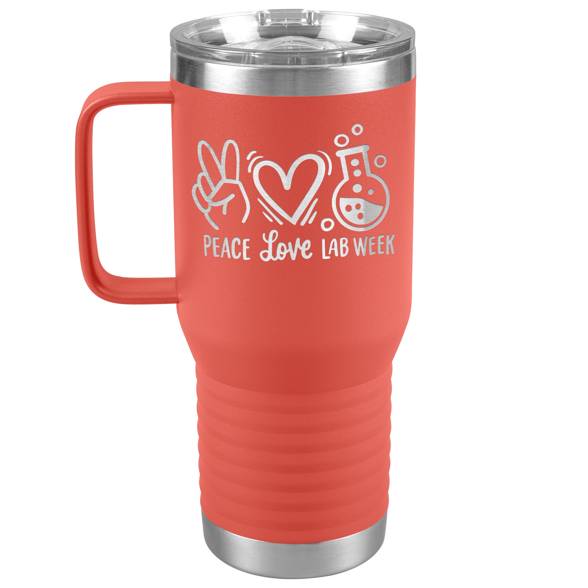 20 oz Travel Tumbler - 'Peace Love Lab Week' with Peace Sign, Heart, and Lab Vial - Celebrate Lab Week with Style!