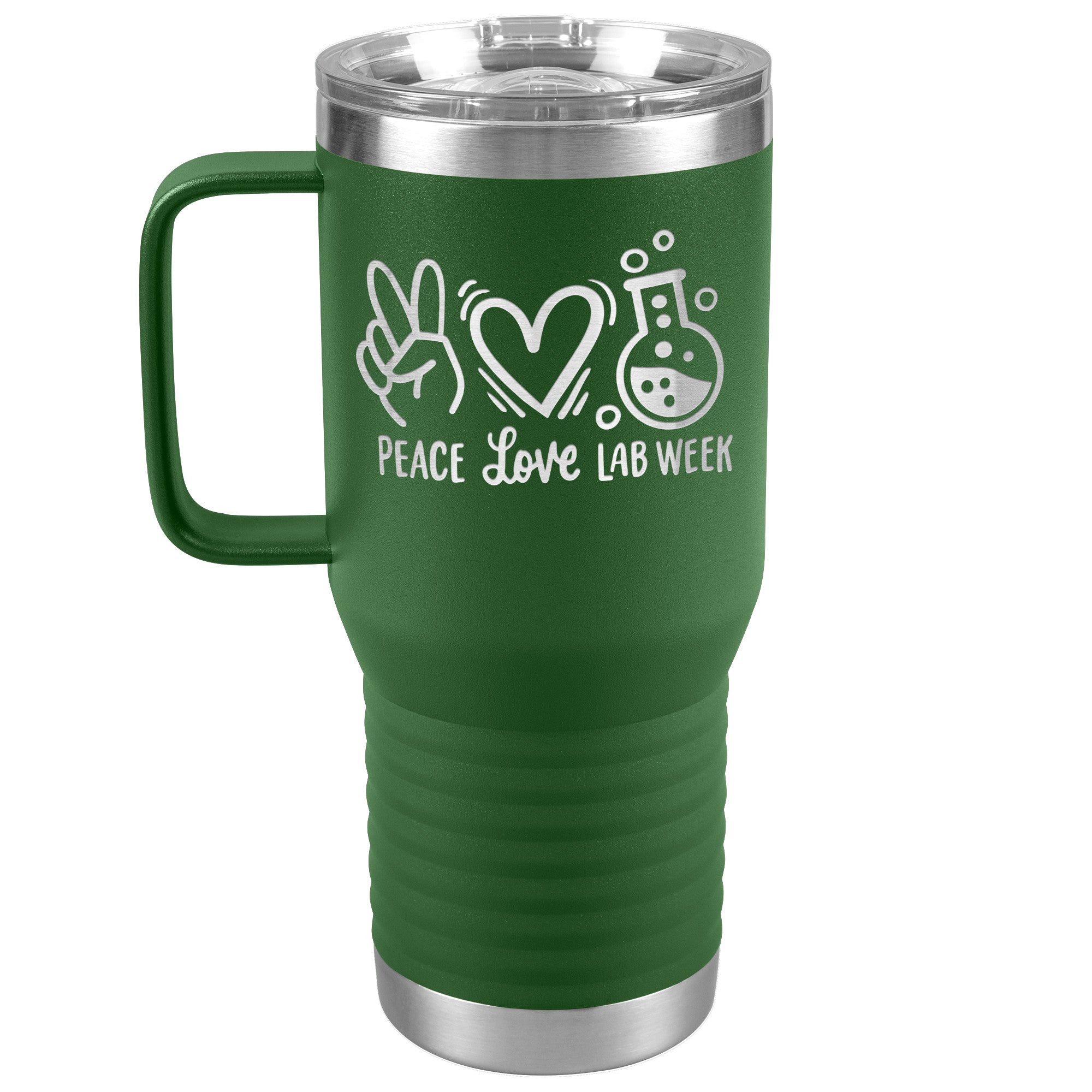 20 oz Travel Tumbler - 'Peace Love Lab Week' with Peace Sign, Heart, and Lab Vial - Celebrate Lab Week with Style!
