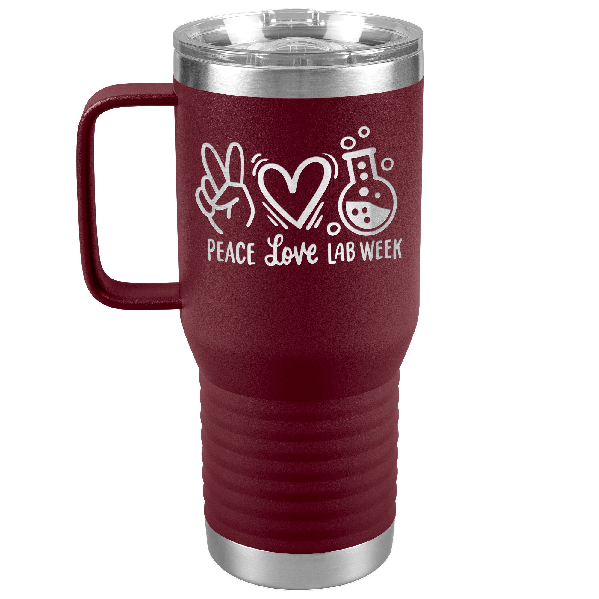 20 oz Travel Tumbler - 'Peace Love Lab Week' with Peace Sign, Heart, and Lab Vial - Celebrate Lab Week with Style!