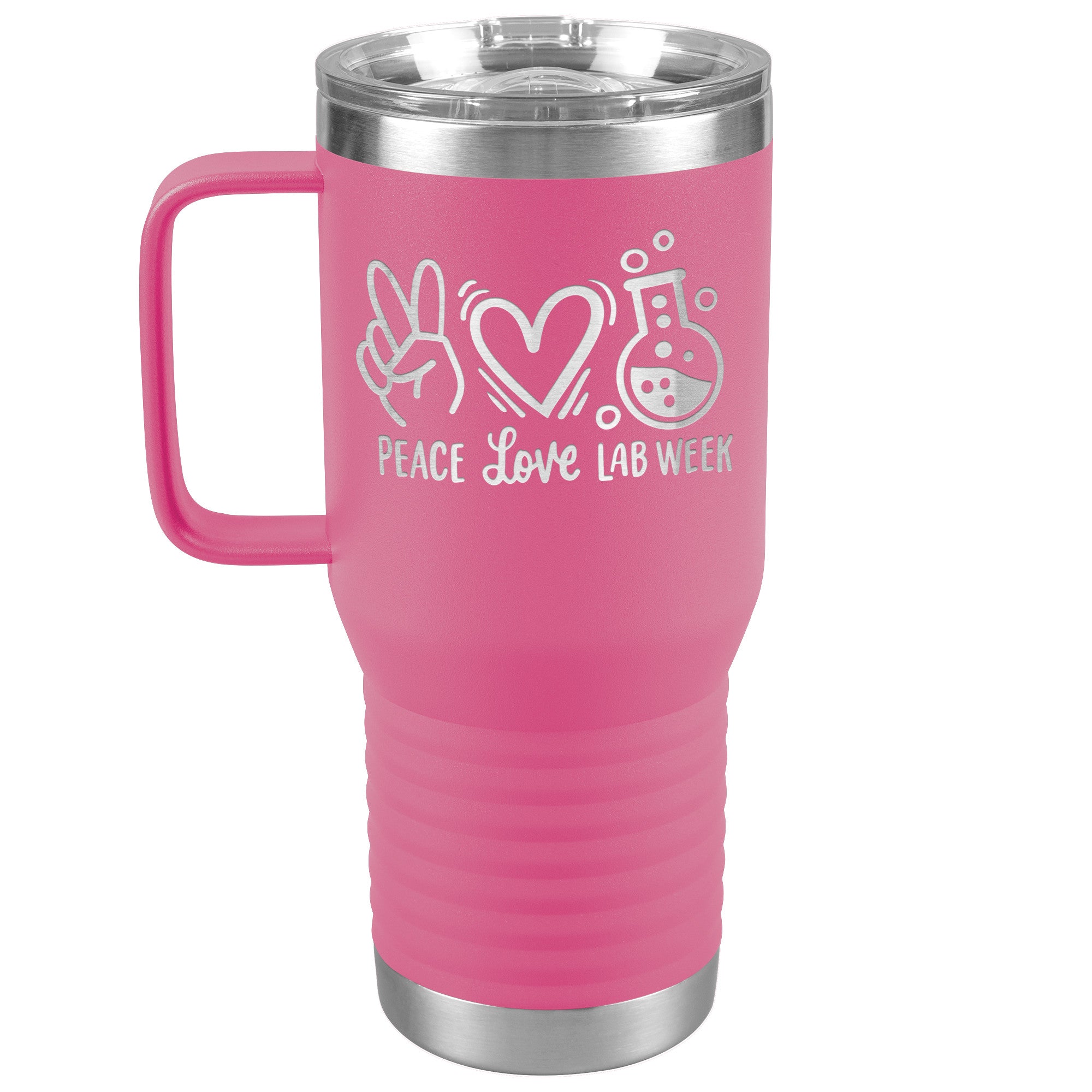 20 oz Travel Tumbler - 'Peace Love Lab Week' with Peace Sign, Heart, and Lab Vial - Celebrate Lab Week with Style!