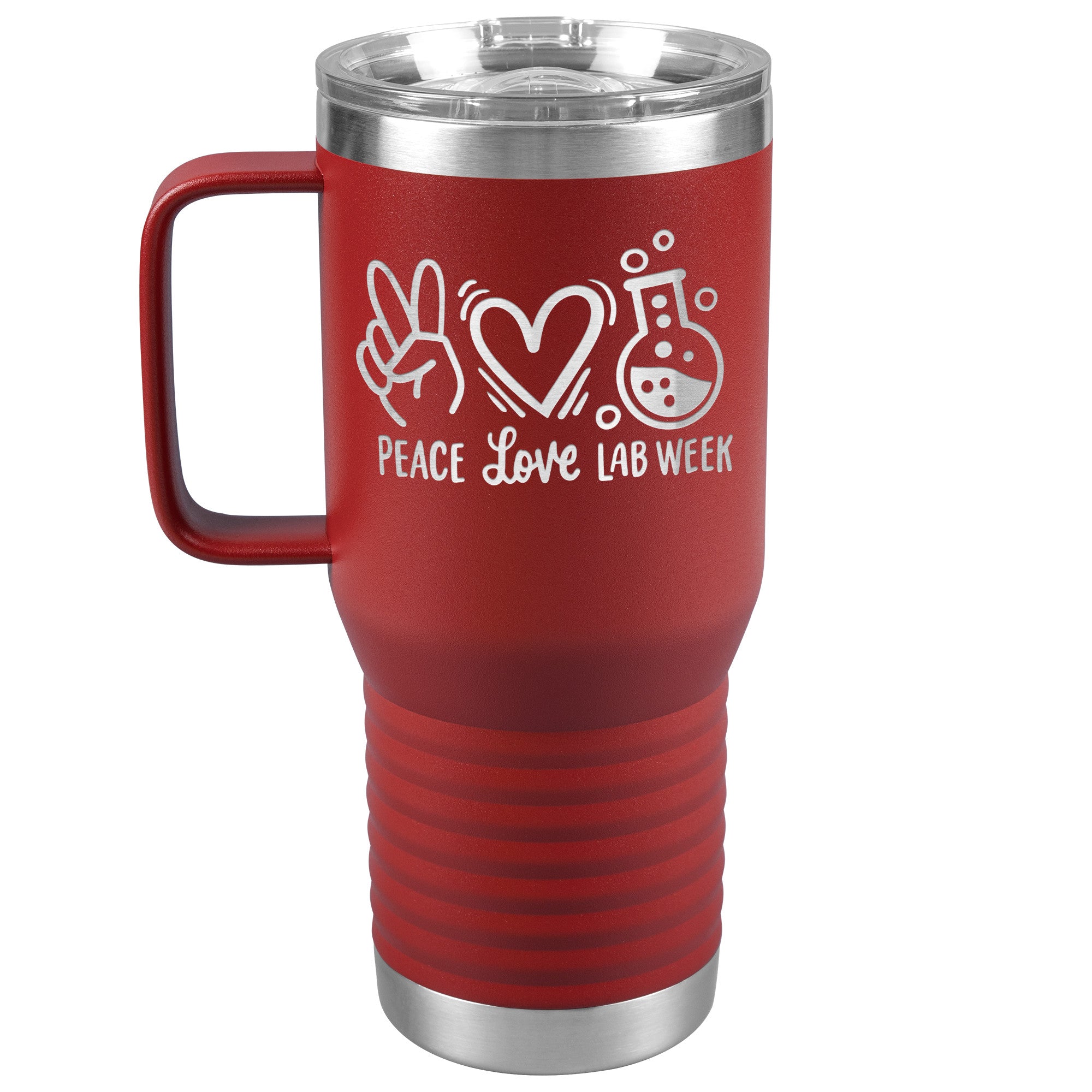 20 oz Travel Tumbler - 'Peace Love Lab Week' with Peace Sign, Heart, and Lab Vial - Celebrate Lab Week with Style!